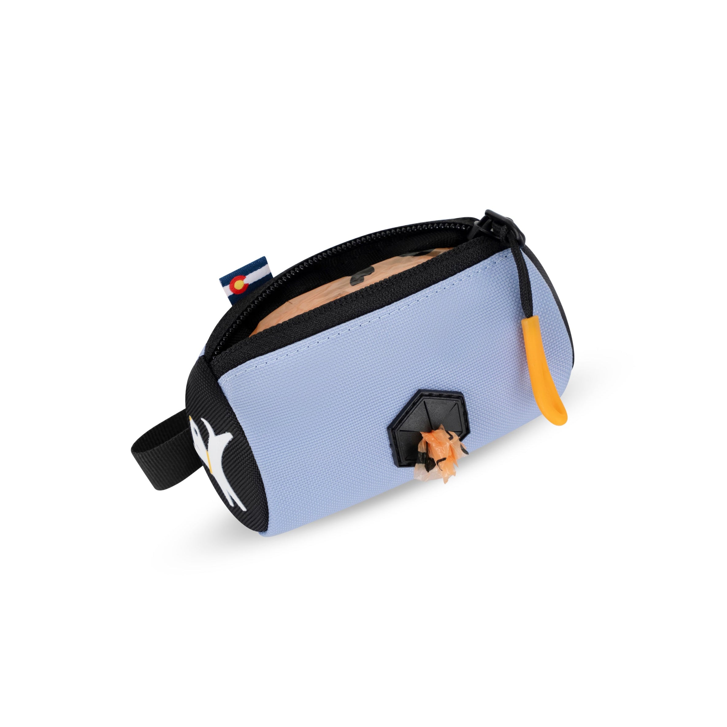 Interior view of the OllyDog Scoop Pick Up Bag in Blue Heron color showing waste bag roll loaded and ready to dispense #color_blue heron