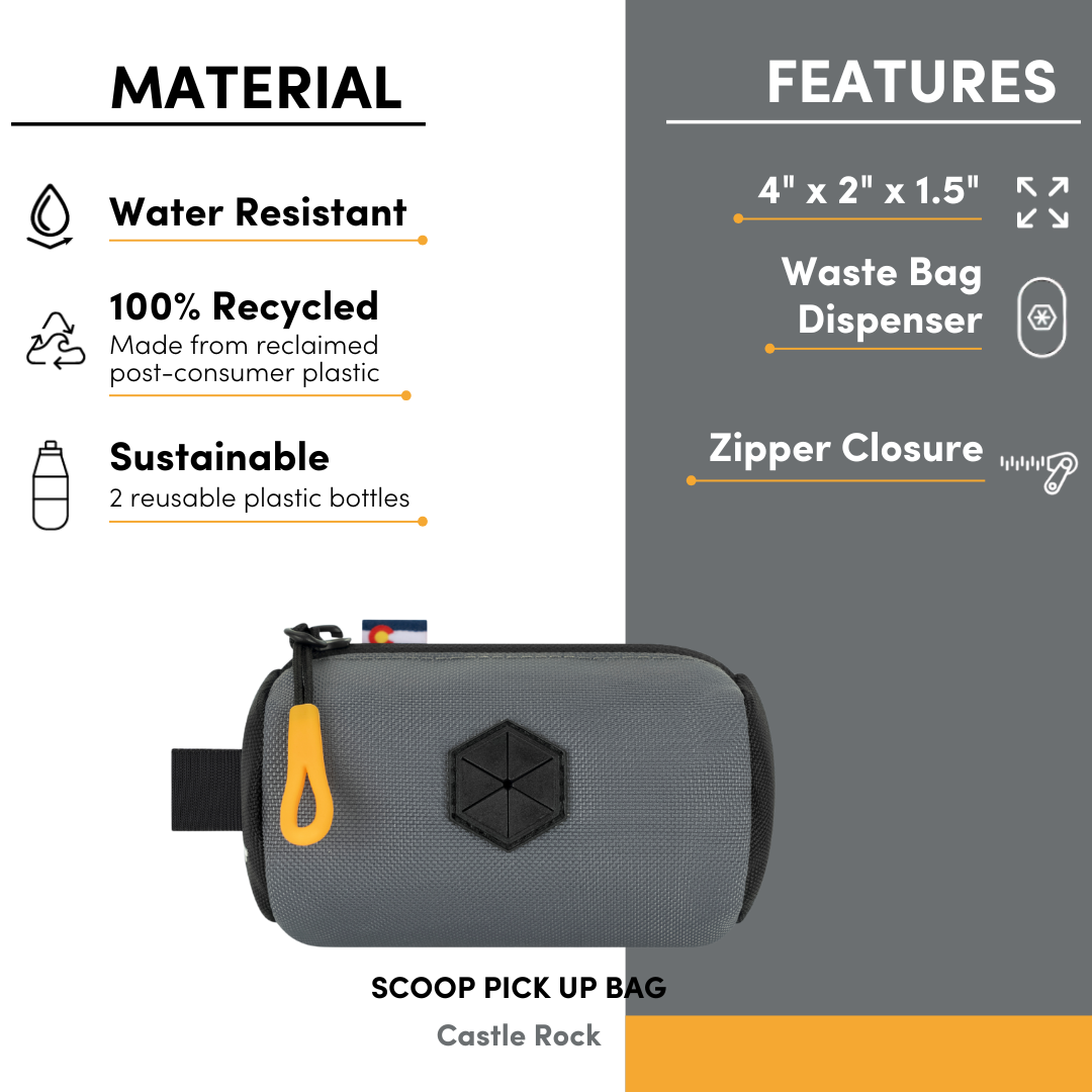 Flyer displaying OllyDog Scoop Pick Up Bag in Castle Rock with features: water resistant, 100% recycled plastic, sustainable design, and zipper closure #color_castle rock