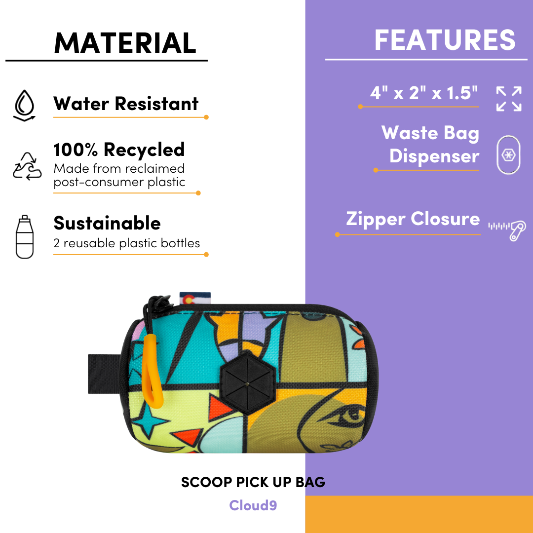 Flyer showing OllyDog Scoop Pick Up Bag in Cloud9 print with product features: water resistant, made from recycled plastic, waste bag dispenser, and zipper closure #color_cloud9