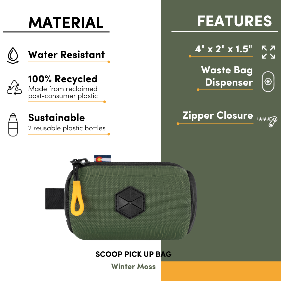 Flyer displaying OllyDog Scoop Pick Up Bag in Winter Moss with features: water resistant, 100% recycled plastic, sustainable design, and zipper closure #color_winter moss