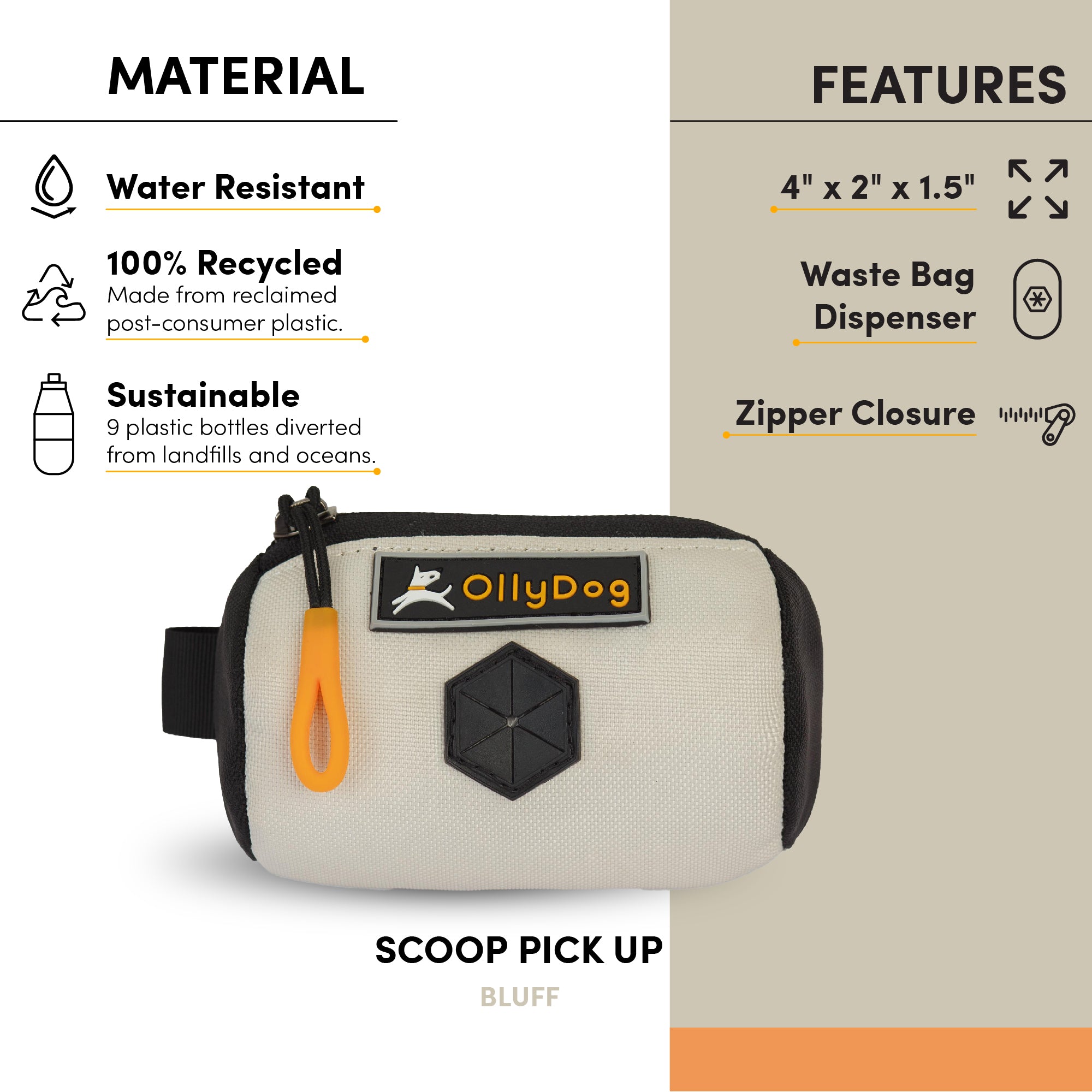 An image highlighting the features of the Scoop Pick Up Bag, including its water-resistant material, 100% recycled construction from two repurposed plastic bottles, and dimensions of 4” x 1.5” x 2”. This doggy waste bag holder offers a convertible design with a zipper closure and a dog waste bag dispenser hole covered with a rubber flap, making it an effective doggie poop bag holder. #color_bluff
