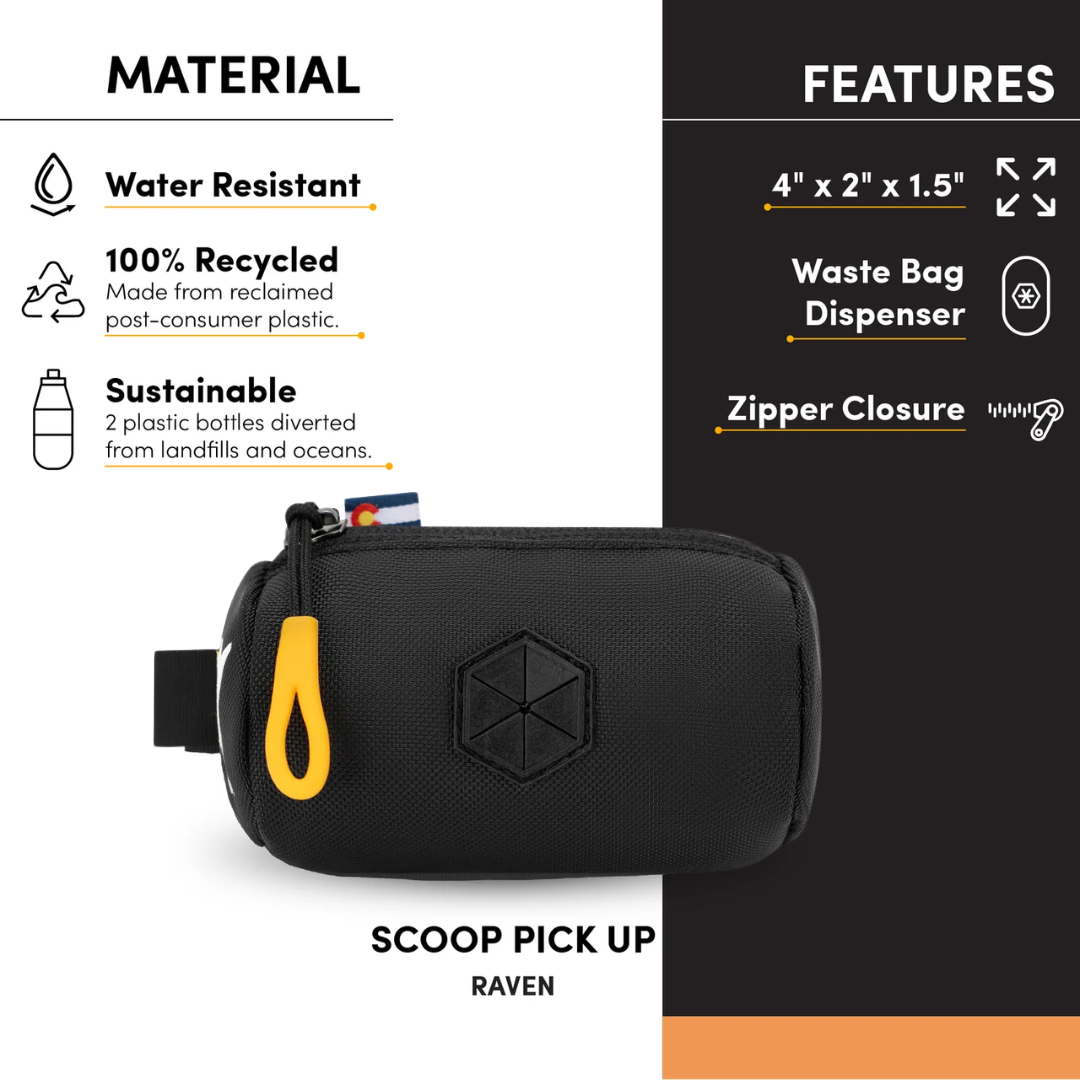 An image highlighting the features of the Scoop Pick Up Bag, including its water-resistant material, 100% recycled construction from two repurposed plastic bottles, and dimensions of 4” x 1.5” x 2”. This doggy waste bag holder offers a convertible design with a zipper closure and a dog waste bag dispenser hole covered with a rubber flap, making it an effective doggie poop bag holder. #color_raven