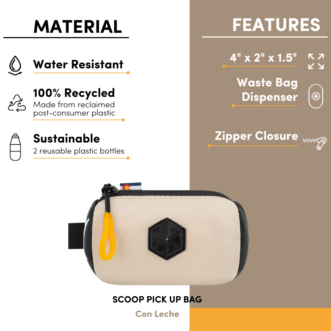 Con Leche Scoop Pick Up Bag made from 100% recycled water-resistant material, featuring waste bag dispenser, zipper closure, and compact 4 x 2 x 1.5 inch size #color_con leche