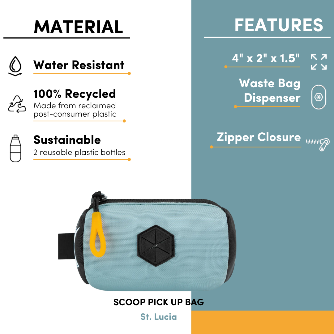 St. Lucia Scoop Pick Up Bag made from 100% recycled water-resistant material, featuring waste bag dispenser, zipper closure, and compact 4 x 2 x 1.5 inch size #color_st. lucia
