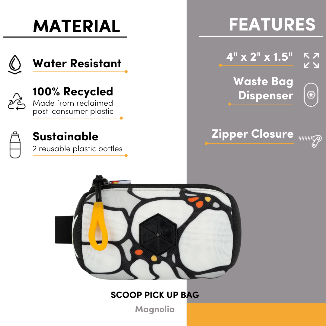 Magnolia Scoop Pick Up Bag made from 100% recycled water-resistant material, featuring a waste bag dispenser, zipper closure, and compact 4 x 2 x 1.5 inch size #color_magnolia