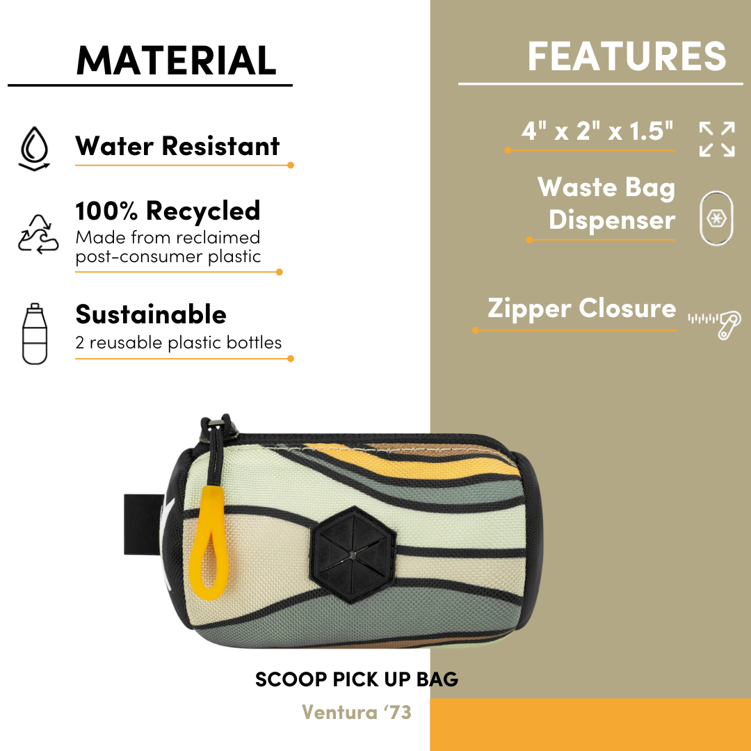 Ventura '73 Scoop Pick Up Bag made from 100% recycled, water-resistant material, featuring a waste bag dispenser, zipper closure, and compact 4 x 2 x 1.5 inch size #color_ventura '73