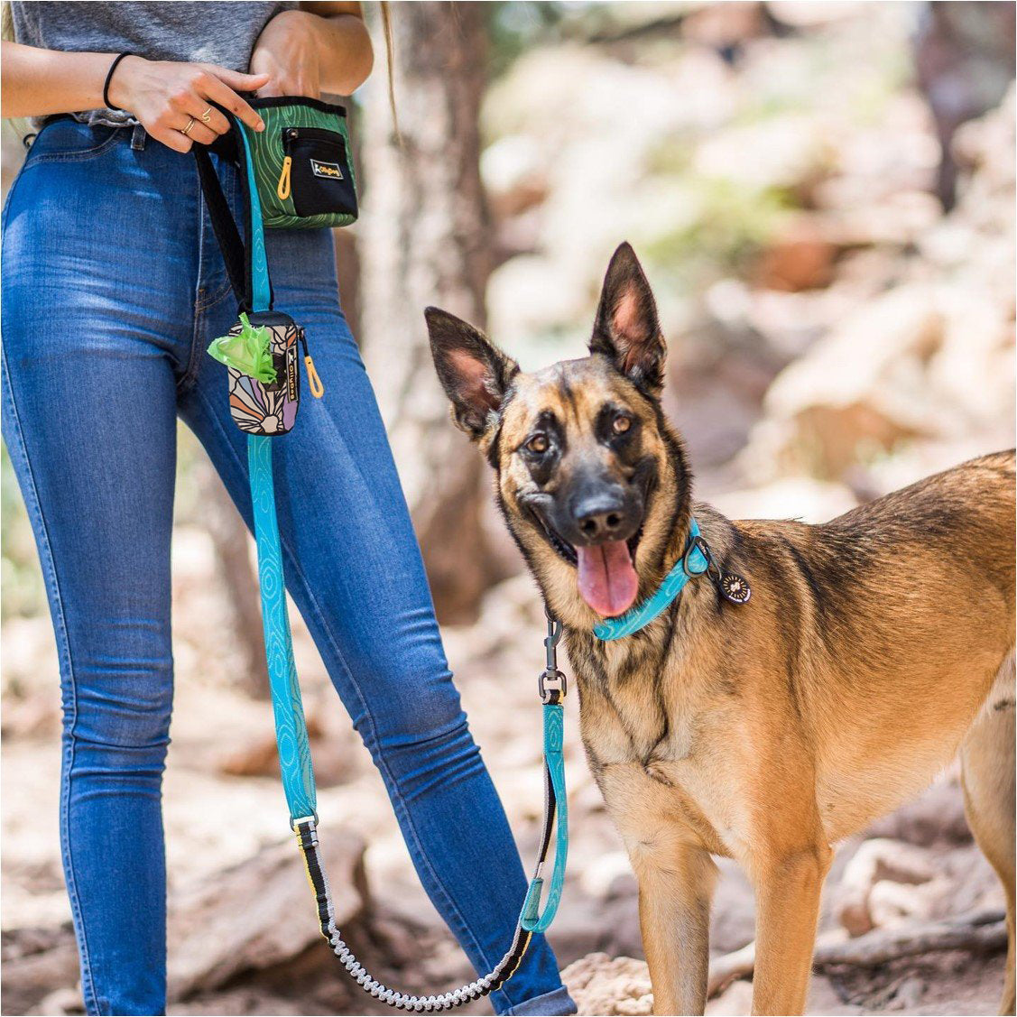 A person stands outdoors with a dog on a leash, holding an OllyDog dog waste bag dispenser, Scoop Pick Up Bag in Bloom. The dispenser is secured to the leash. #color_bloom