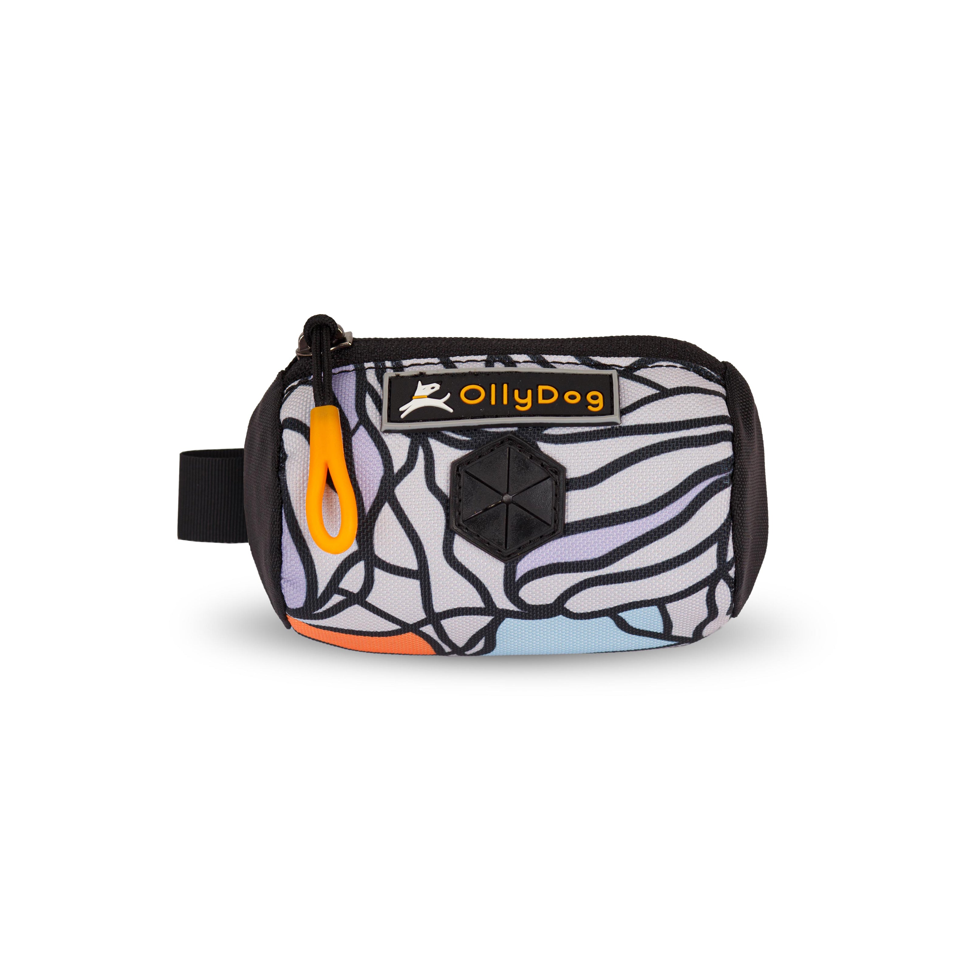 Flat front view of OllyDog’s Scoop Pick Up Bag in Bloom. This doggie poop bag holder features a zipper closure, a snap button for quick attachment to a belt loop, and a rubber dispensing cover, making it an ideal doggie bag holder for leash. #color_bloom