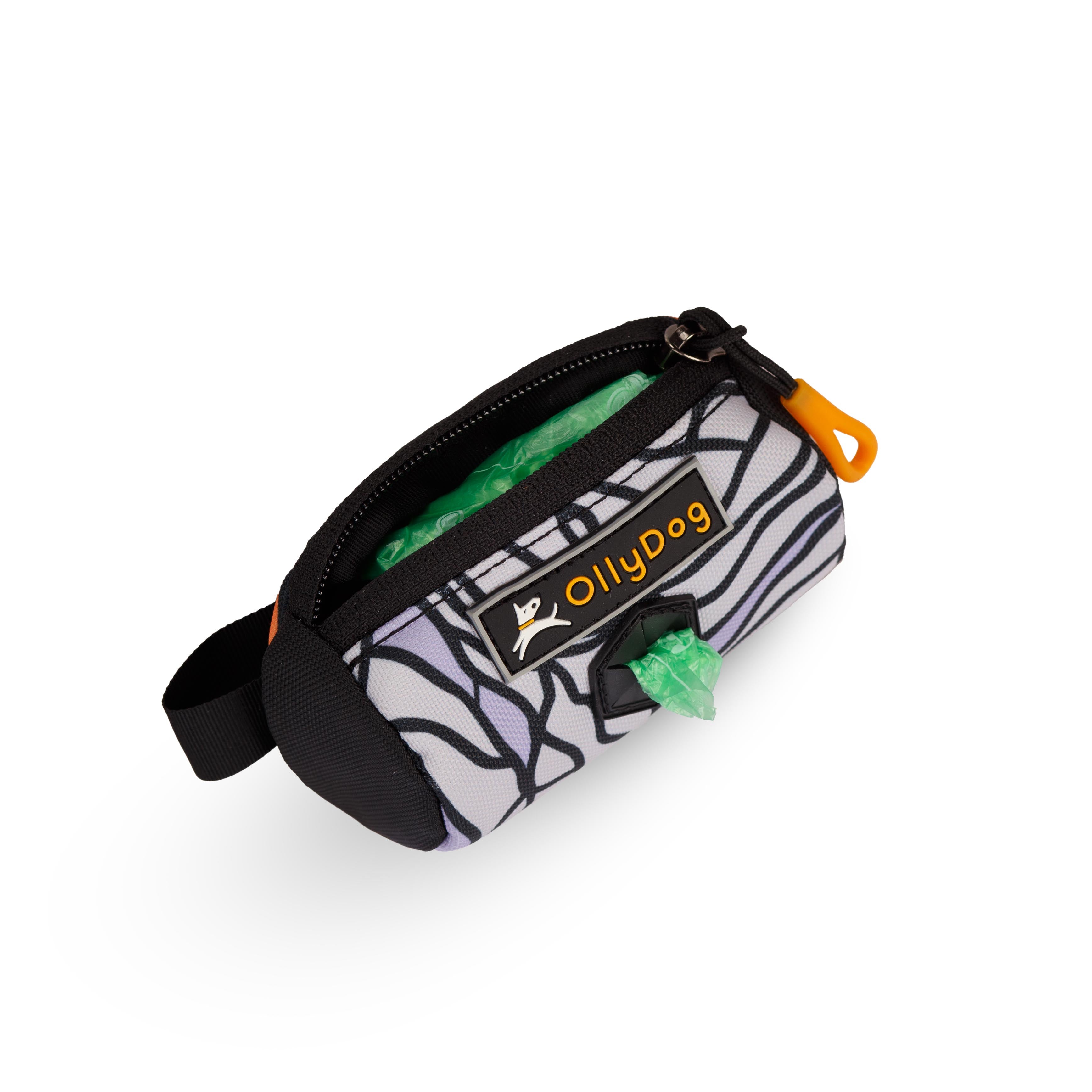 Opened view of the Scoop Pick Up Bag in Bloom. This doggy waste bag holder serves as a convenient poop bag dispenser, allowing quick access to dog poop bags on the go. The small compartment can hold standard bag rolls, keys, or a lipstick, making it a versatile doggie bag holder for leash. #color_bloom