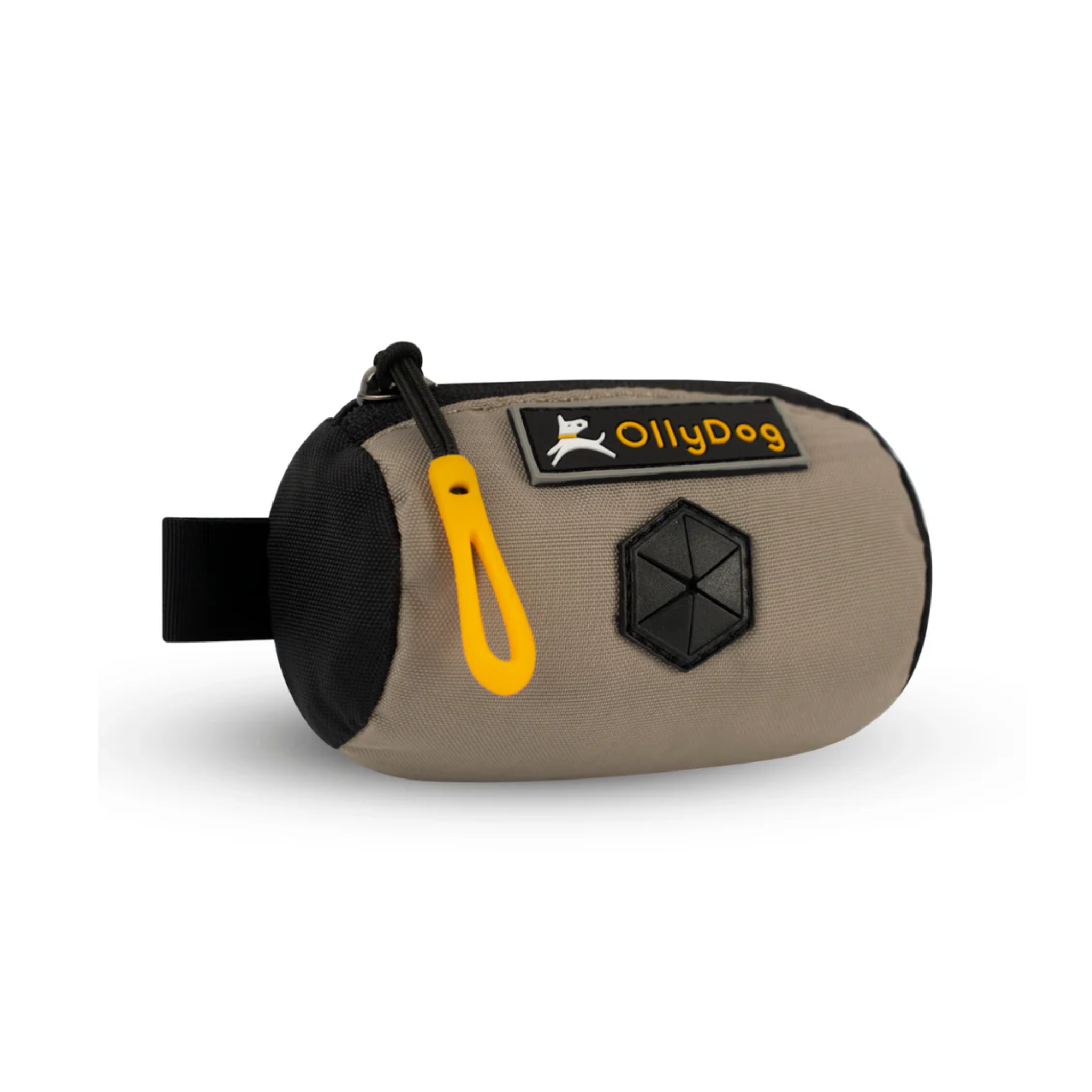 Angled front view of OllyDog’s Scoop Pick Up Bag in Champagne. This poop bag dispenser features a zipper closure and a snap button for quick attachment to a belt loop, making it a handy doggie bag holder for leash. The rubber dispensing cover ensures easy access to dog waste bags. #color_champagne