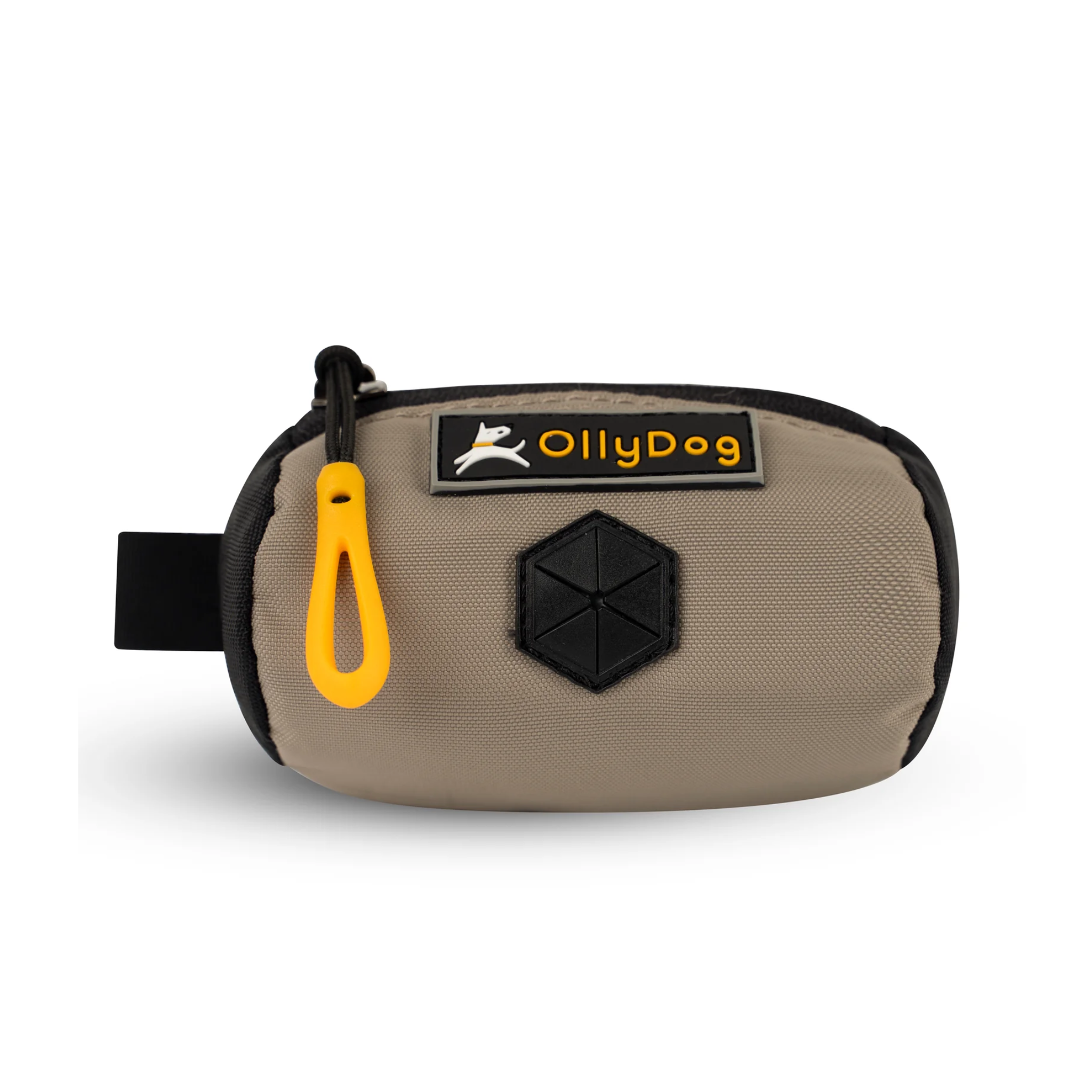 Flat front view of OllyDog’s Scoop Pick Up Bag in Champagne. This doggie poop bag holder features a zipper closure, a snap button for quick attachment to a belt loop, and a rubber dispensing cover, making it an ideal doggie bag holder for leash. #color_champagne
