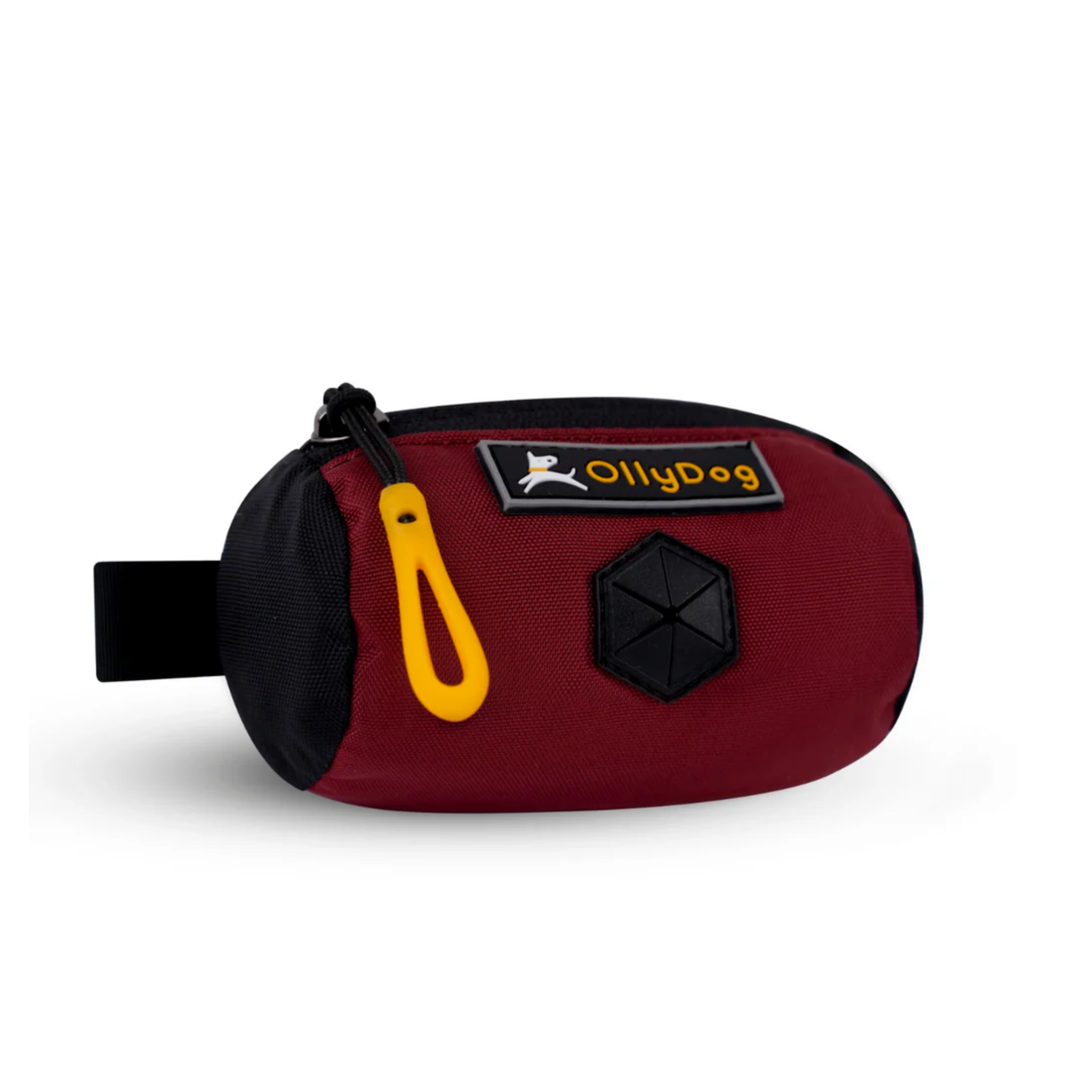 Angled front view of OllyDog’s Scoop Pick Up Bag in Vino. This poop bag dispenser features a zipper closure and a snap button for quick attachment to a belt loop, making it a handy doggie bag holder for leash. The rubber dispensing cover ensures easy access to dog waste bags. #color_vino