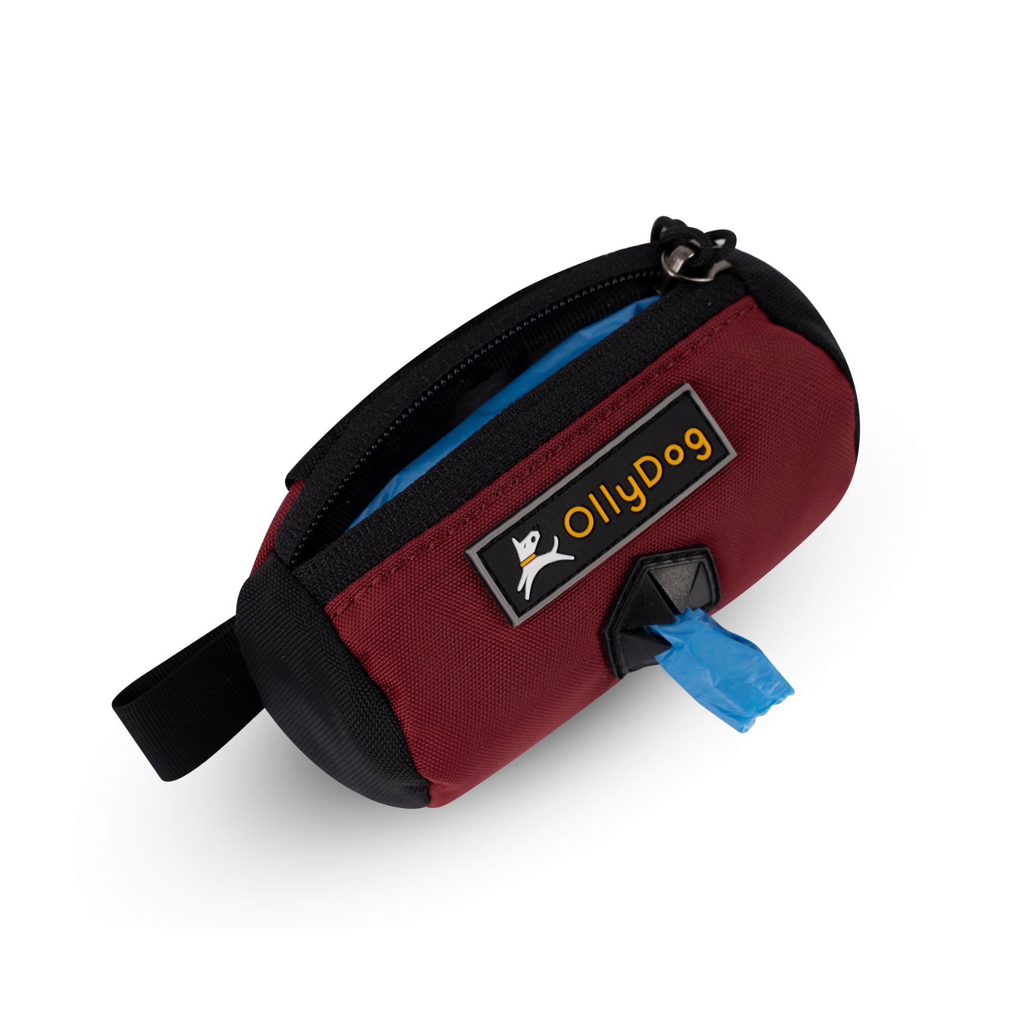Opened view of the Scoop Pick Up Bag in Vino. This doggy waste bag holder serves as a convenient poop bag dispenser, allowing quick access to dog poop bags on the go. The small compartment can hold standard bag rolls, keys, or a lipstick, making it a versatile doggie bag holder for leash. #color_vino