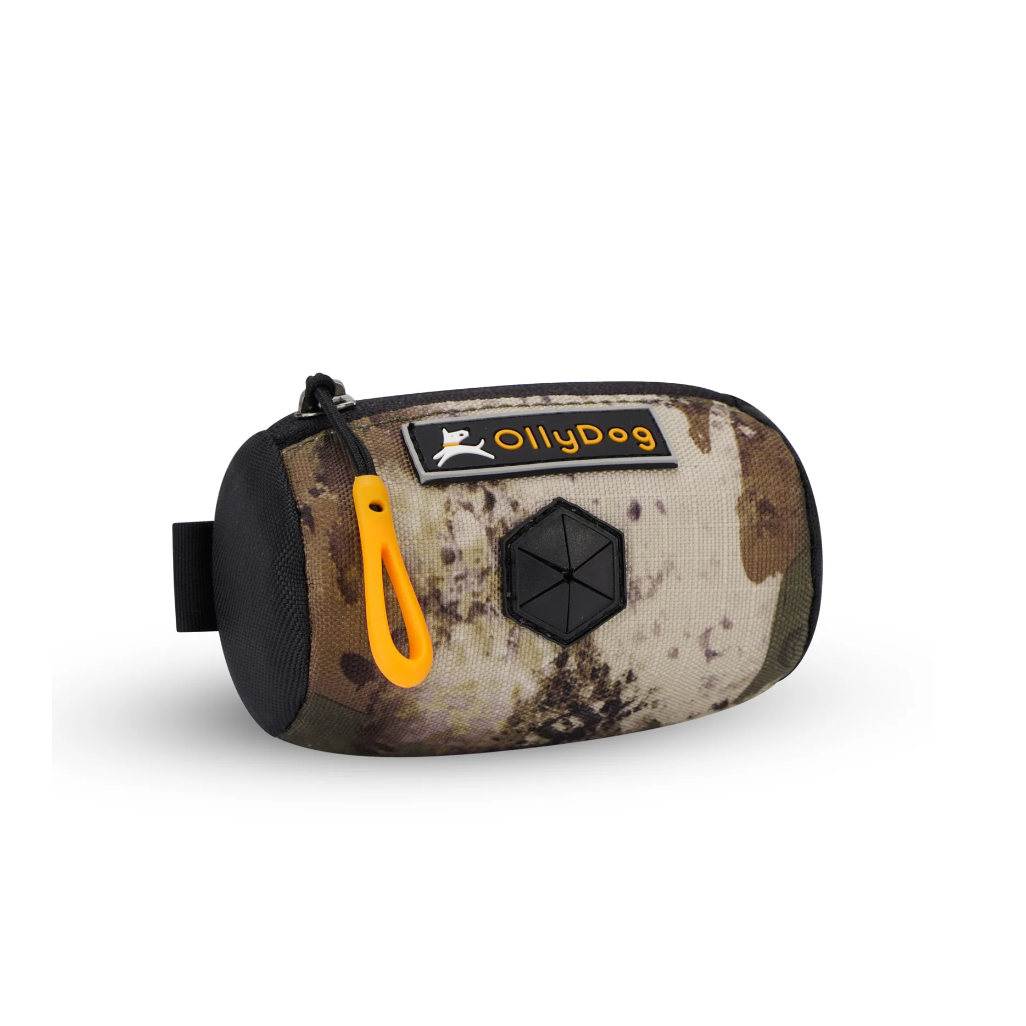 Angled front view of OllyDog’s Scoop Pick Up Bag in Forest Camo. This poop bag dispenser features a zipper closure and a snap button for quick attachment to a belt loop, making it a handy doggie bag holder for leash. The rubber dispensing cover ensures easy access to dog waste bags. #color_forest camo