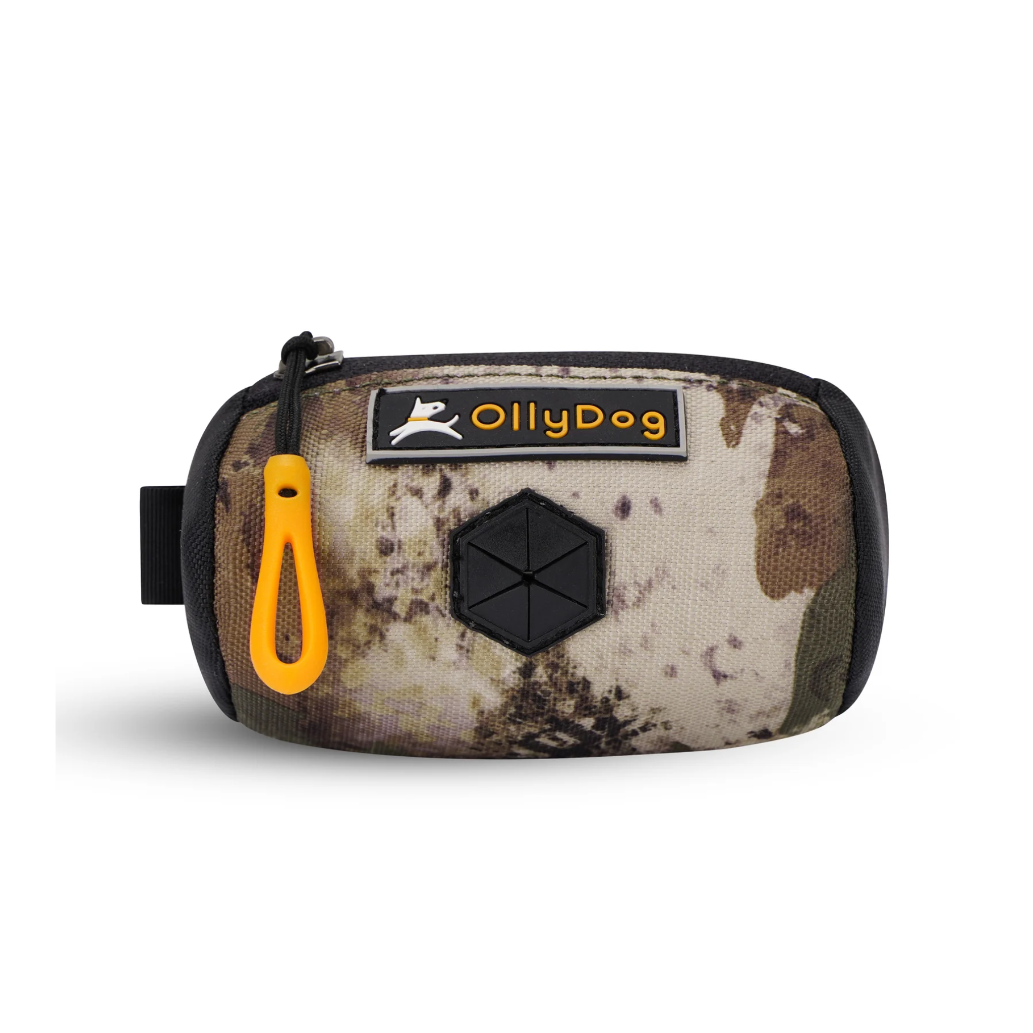 Flat front view of OllyDog’s Scoop Pick Up Bag in Maui Blue. This doggie poop bag holder features a zipper closure, a snap button for quick attachment to a belt loop, and a rubber dispensing cover, making it an ideal doggie bag holder for leash. #color_forest camo