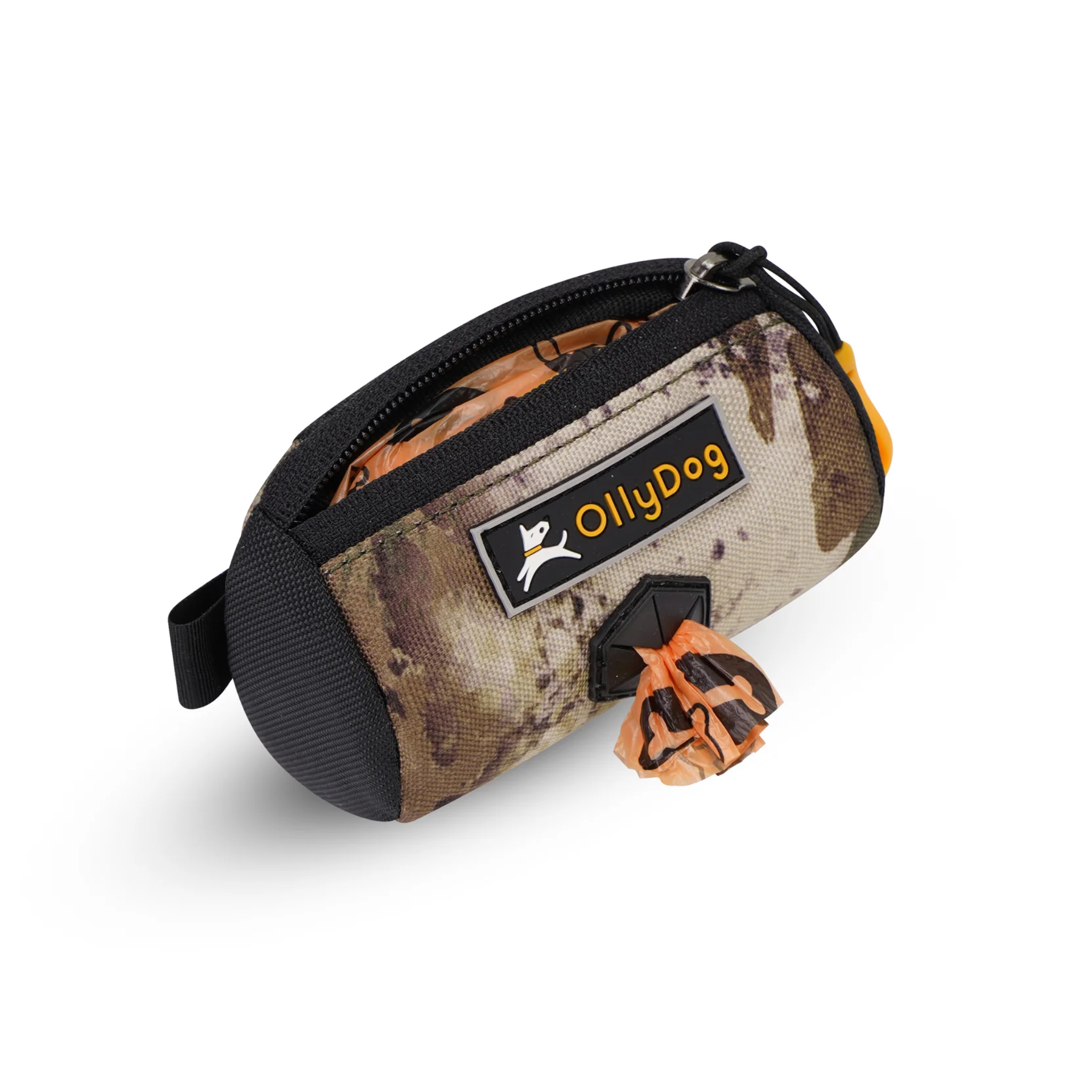 Opened view of the Scoop Pick Up Bag in Forest Camo. This doggy waste bag holder serves as a convenient poop bag dispenser, allowing quick access to dog poop bags on the go. The small compartment can hold standard bag rolls, keys, or a lipstick, making it a versatile doggie bag holder for leash. #color_forest camo