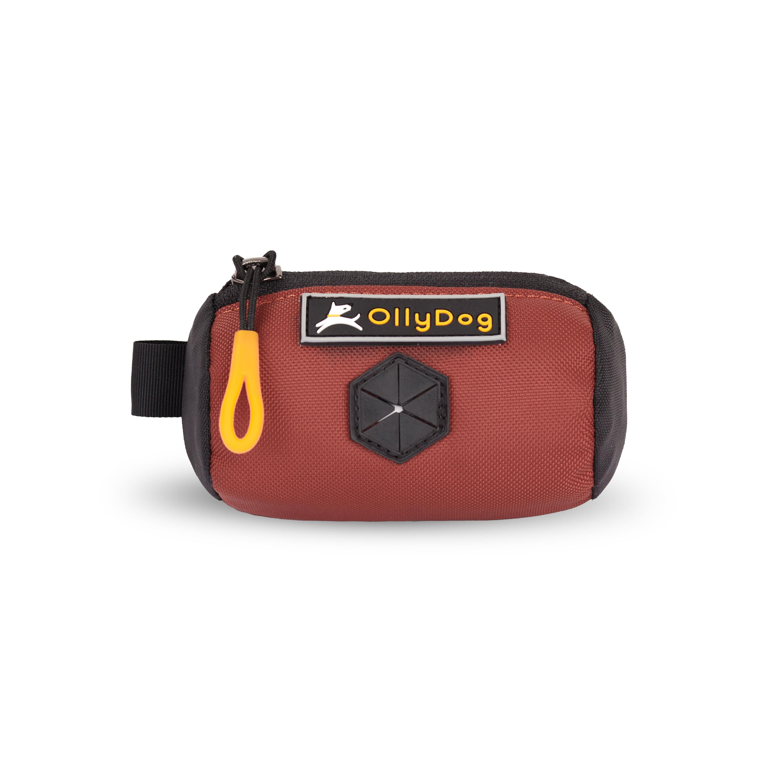 Flat front view of OllyDog’s Scoop Pick Up Bag in Maui Blue. This doggie poop bag holder features a zipper closure, a snap button for quick attachment to a belt loop, and a rubber dispensing cover, making it an ideal doggie bag holder for leash. #color_cider