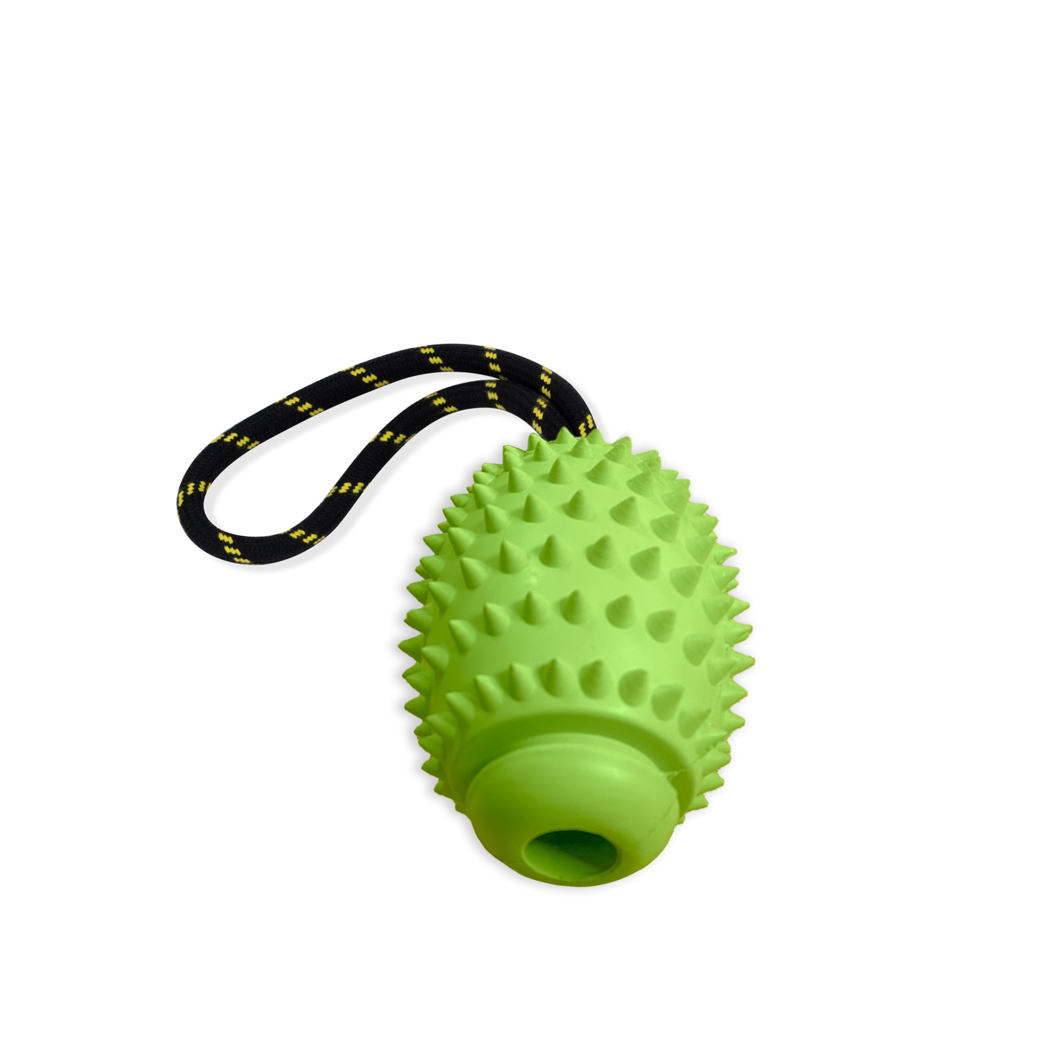 OllyDog Spikey Rugby rubber chew toy in lime green, 4.75-inch durable natural rubber with rope handle, textured surface for dental health, lightweight and easy to throw, safe for light to moderate chewers, ideal for dogs under 50lbs