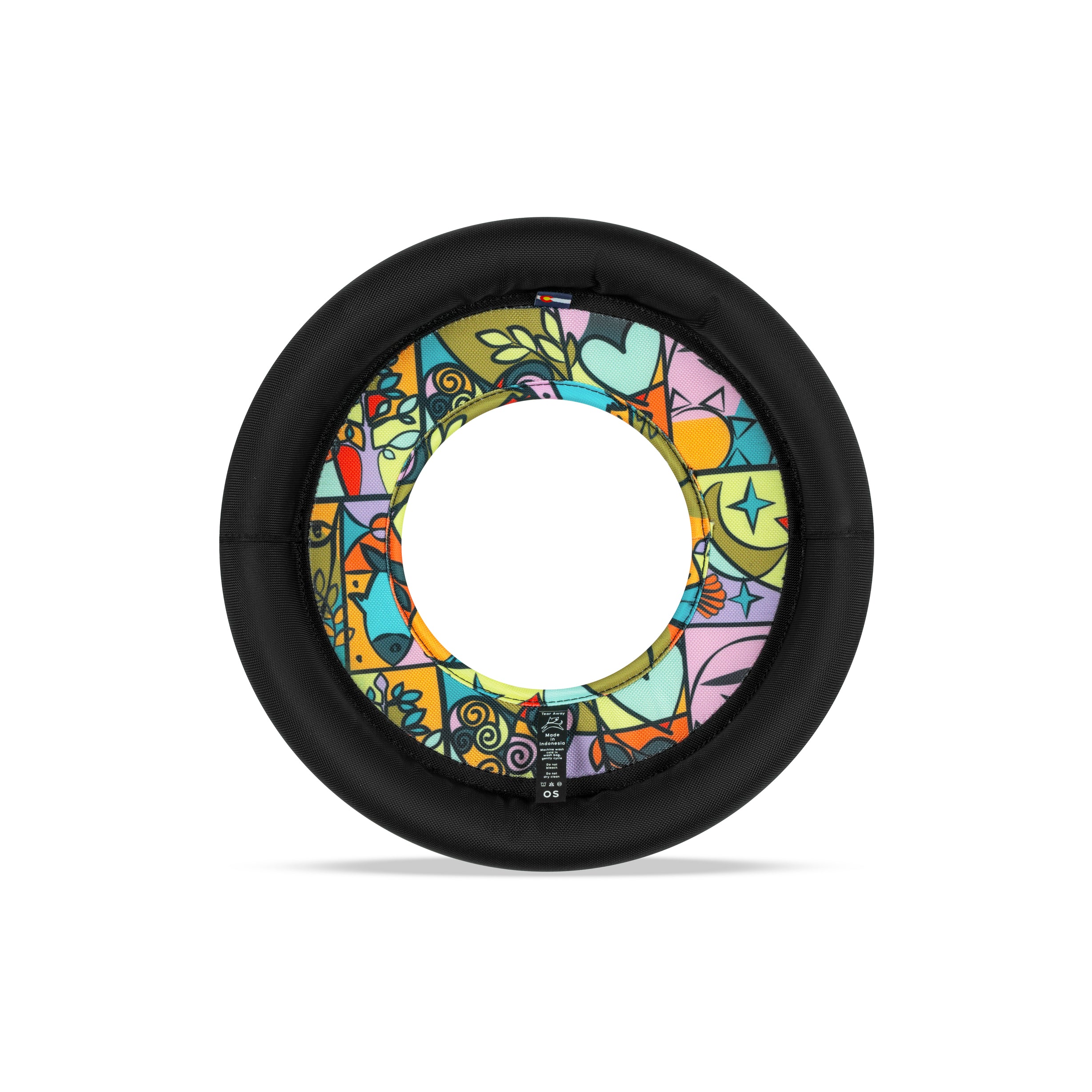 Back view of the OllyDog Super Flyer in Cloud9 pattern featuring black trim and vibrant recycled fabric for dog fetch play #color_cloud9