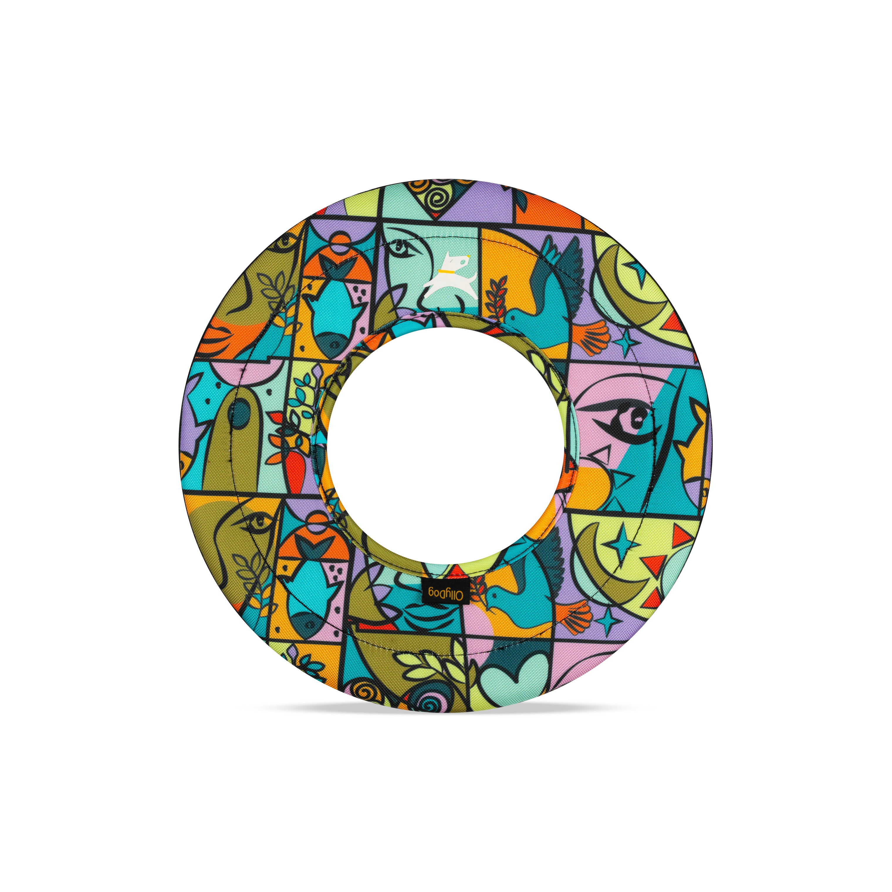 Front view of the OllyDog Super Flyer in Cloud9 print, a lightweight floating dog frisbee made from recycled plastic with colorful abstract artwork #color_cloud9