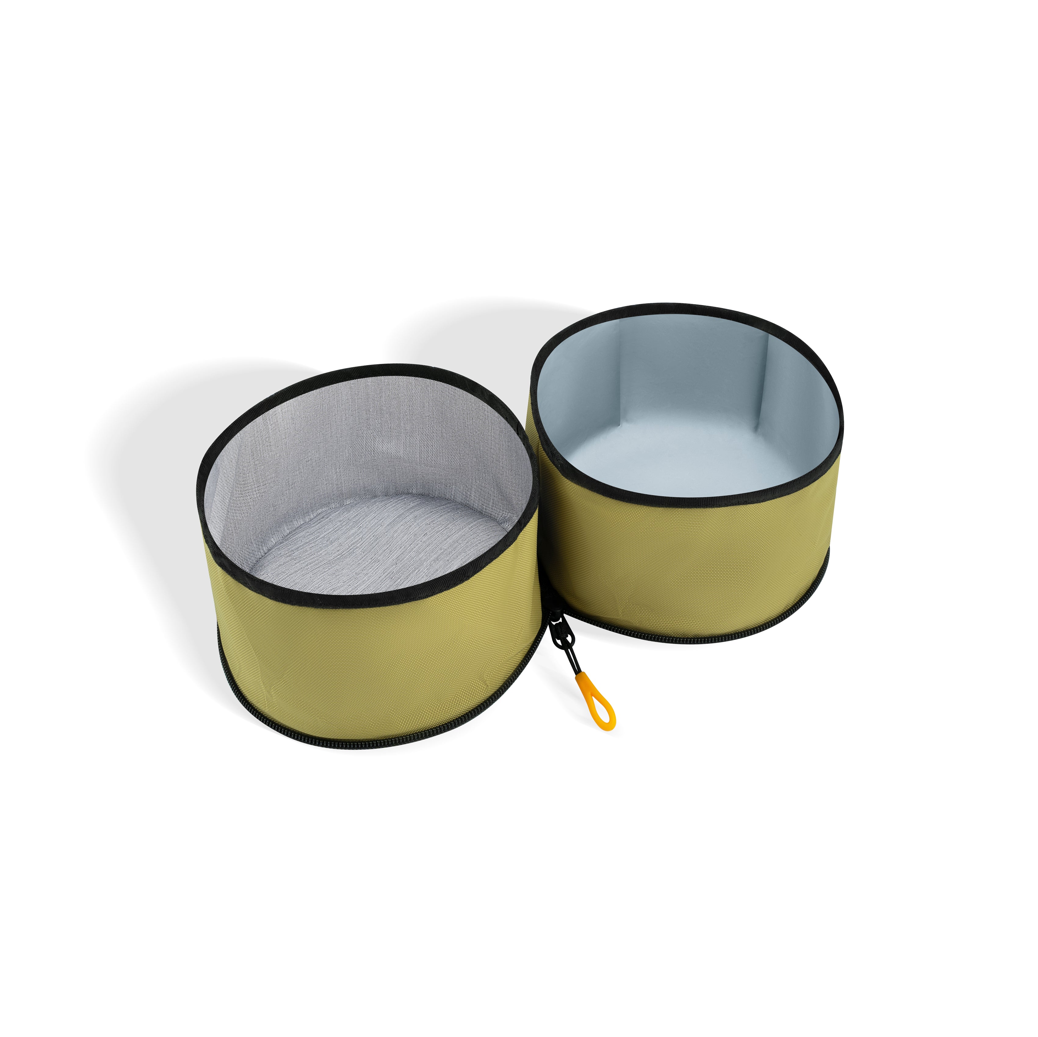 Empty interior view of OllyDog Superbowl in Alchemy color showing collapsible dual bowls for food and water made with recycled polyester and zipper connection #color_alchemy