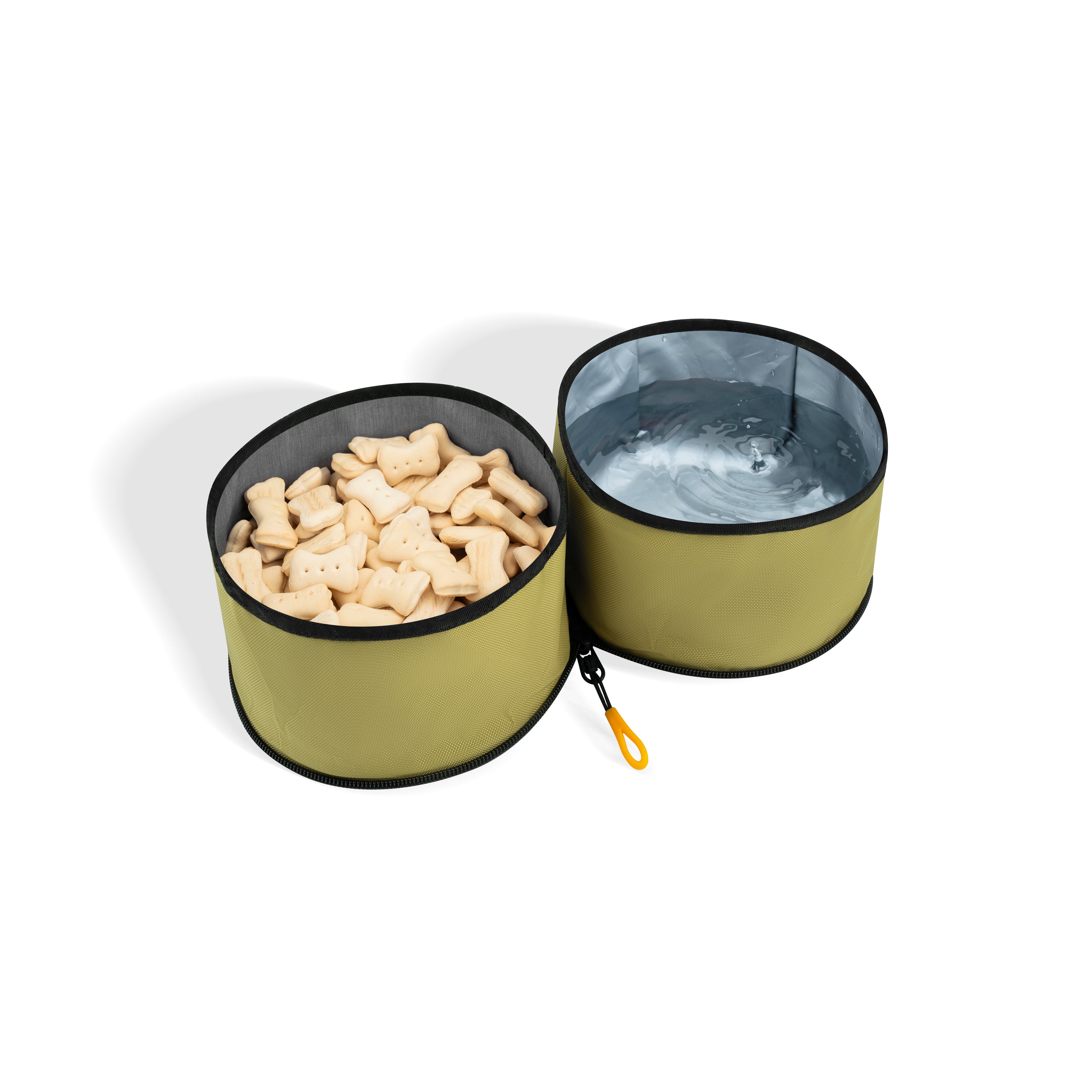 Interior view of the OllyDog Superbowl in Alchemy color showing dual bowls filled with treats and water, made from recycled polyester with zipper and hook #color_alchemy