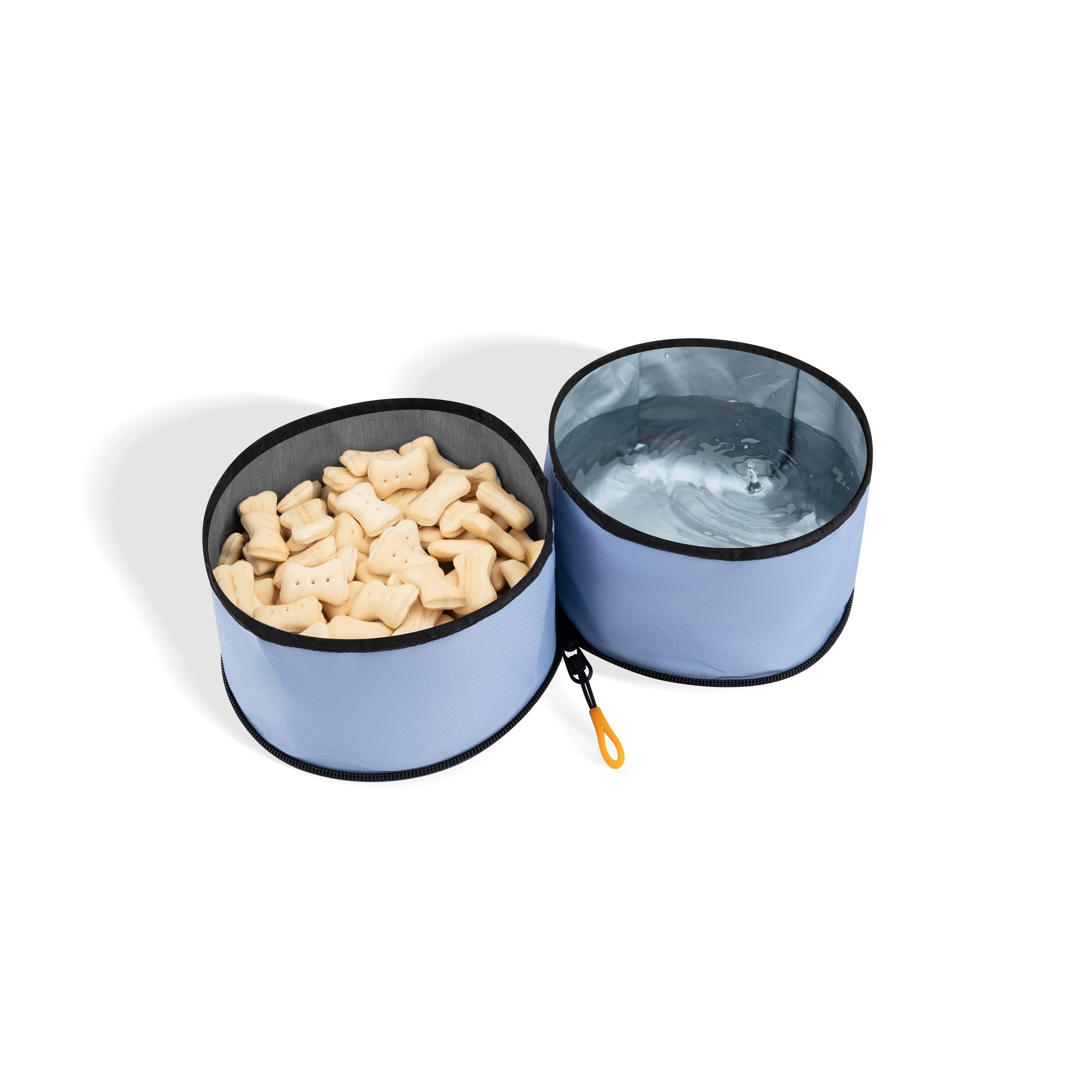 Interior view of the OllyDog Superbowl in Blue Heron color showing dual bowls filled with treats and water, made from recycled materials with zipper and hook #color_blue heron