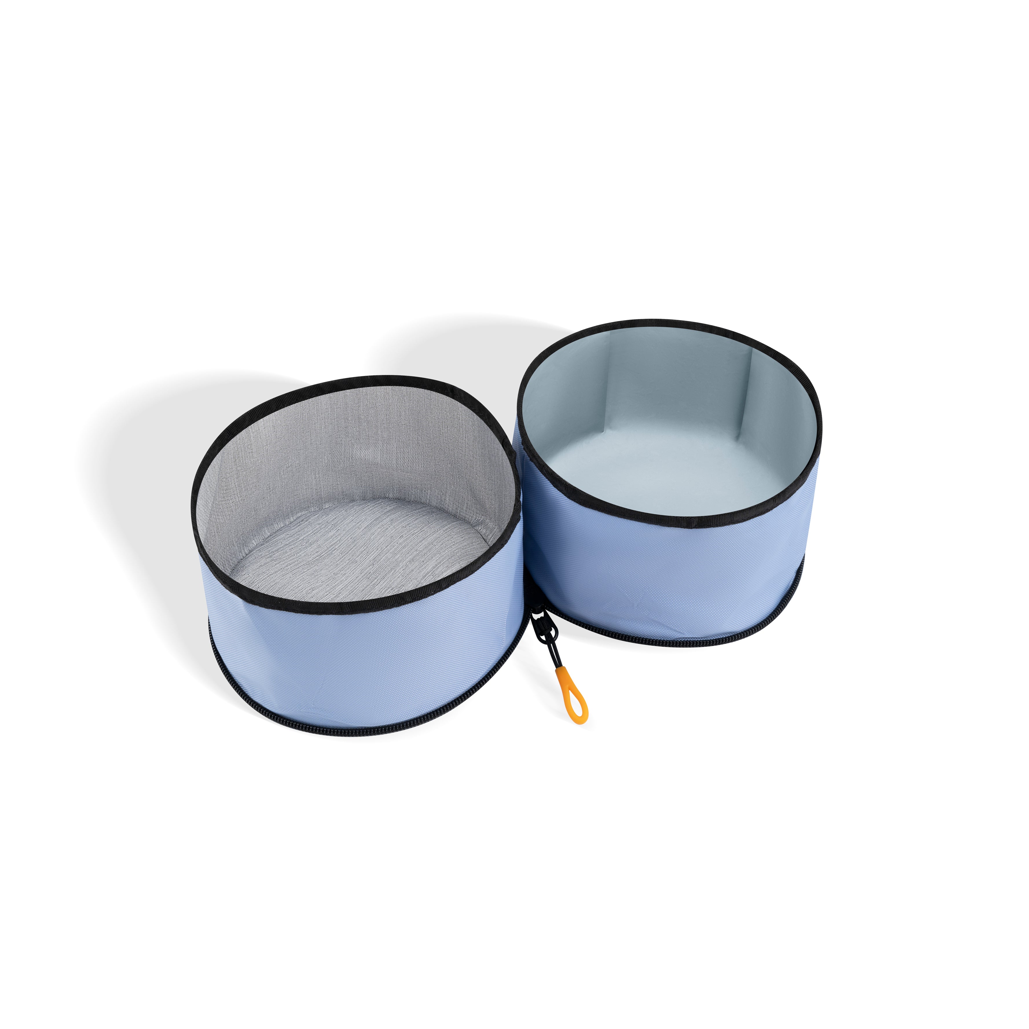 Interior view of the OllyDog Superbowl in Blue Heron color showing empty dual bowls for food and water, made from recycled materials with zipper and clip #color_blue heron
