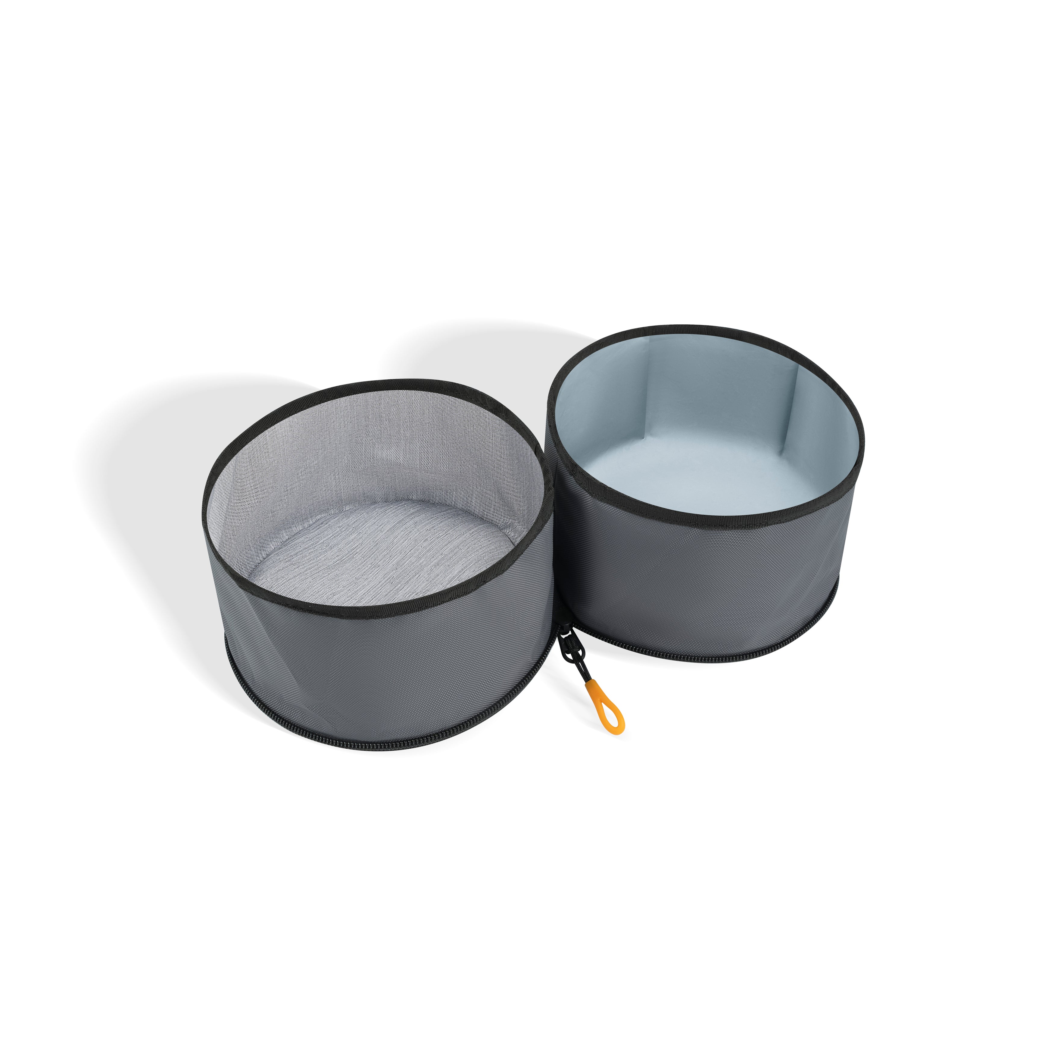 Interior view of the OllyDog Superbowl in Castle Rock color with empty dual bowls for food and water, crafted from recycled materials with zipper and hook #color_castle rock