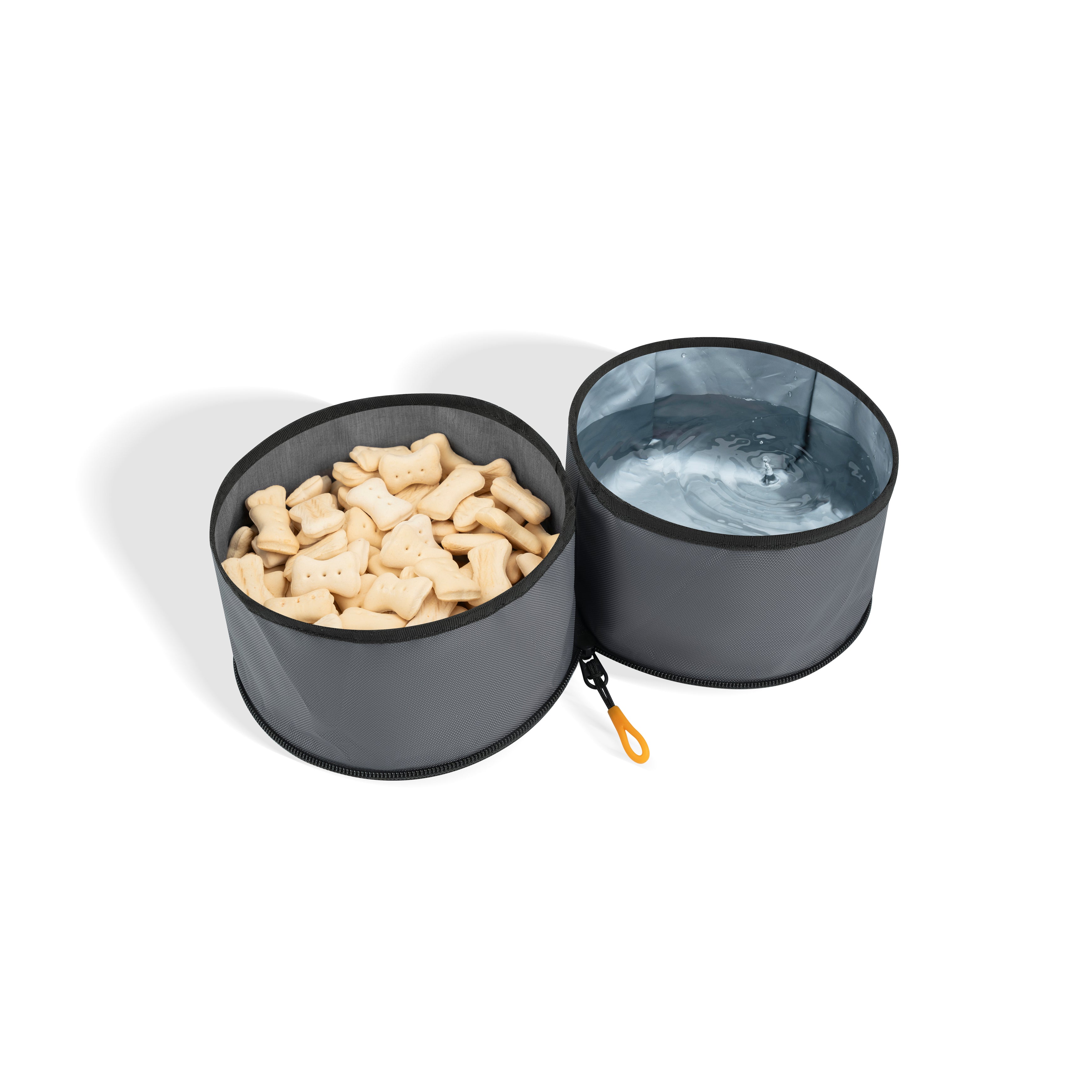 Interior view of the OllyDog Superbowl in Castle Rock color showing dual bowls filled with dog treats and water, made from recycled materials with zipper and hook #color_castle rock