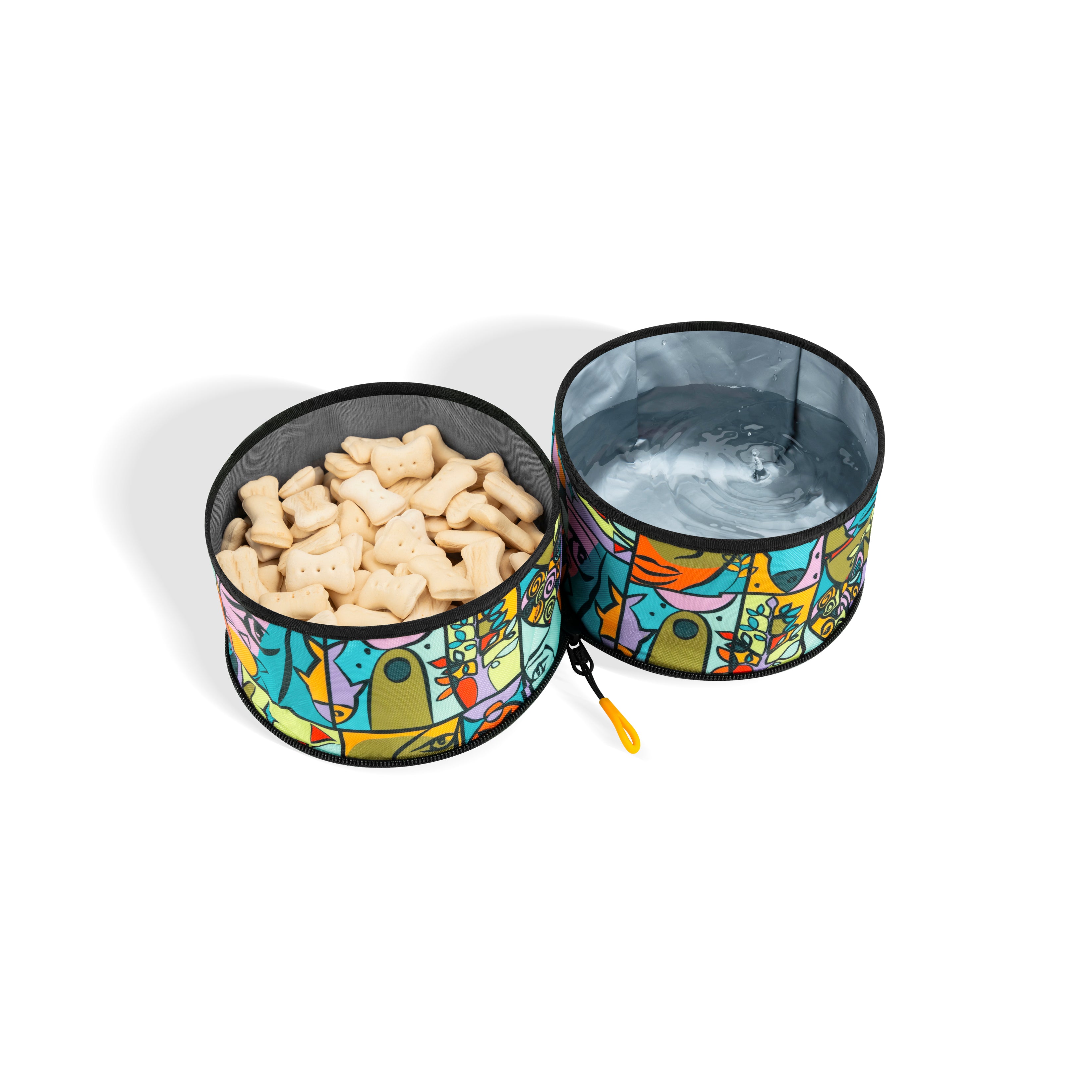 OllyDog Superbowl in Cloud9 pattern open with dual bowls, one filled with treats and the other with water, on white background #color_cloud9
