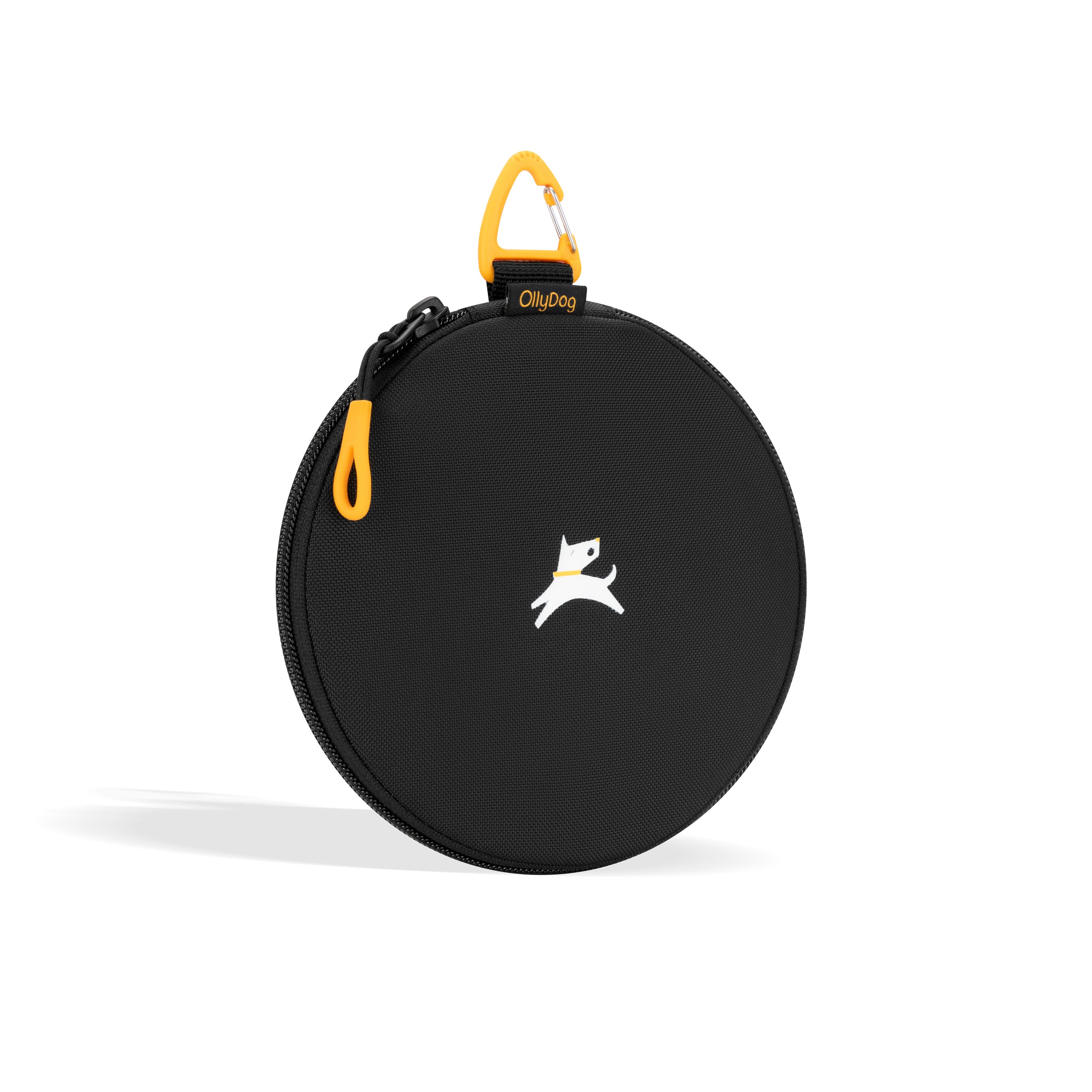 Compact folded OllyDog Superbowl in Cloud9 pattern with black zippered case and yellow clip for travel convenience #color_cloud9