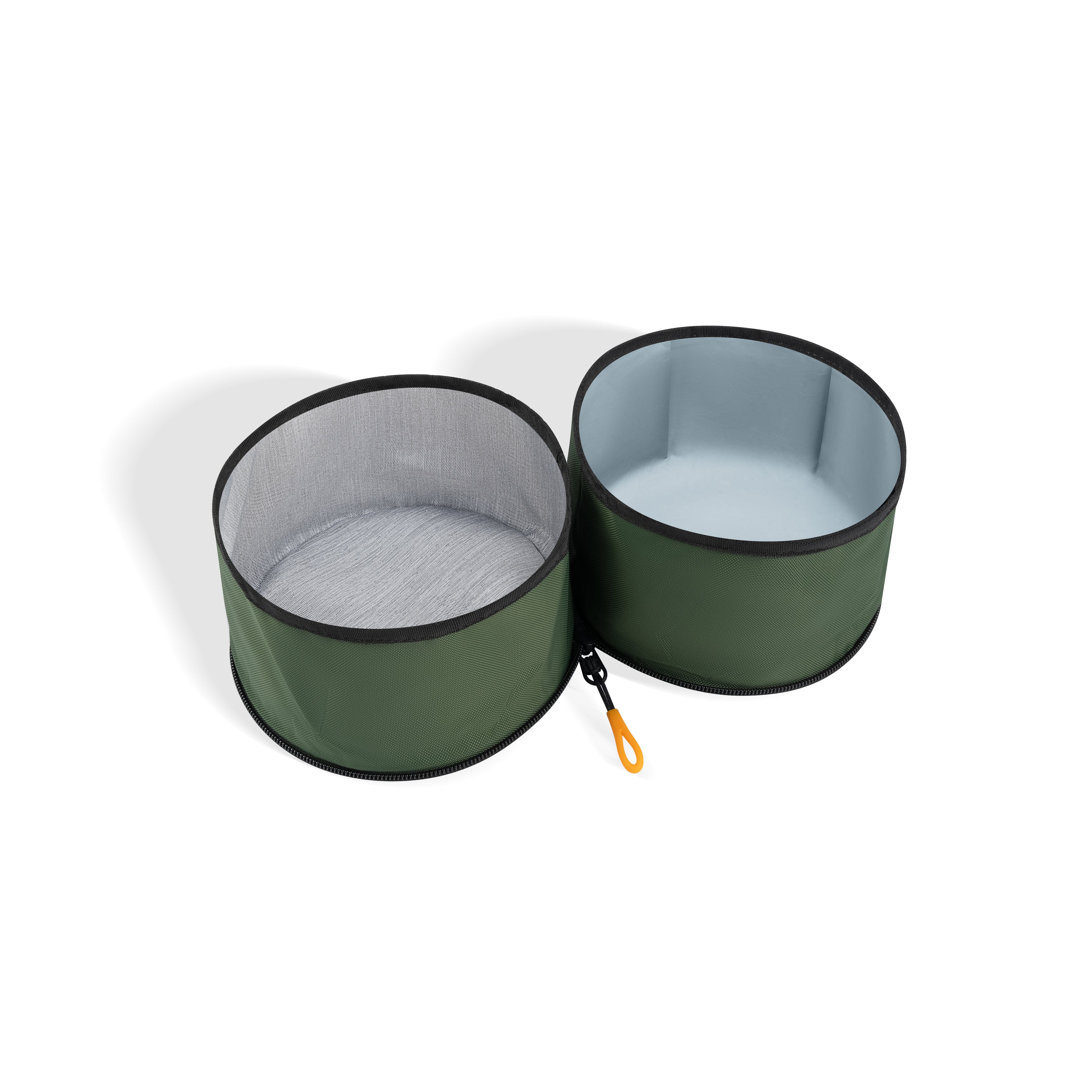 Interior view of the OllyDog Superbowl in Winter Moss color with empty dual bowls for food and water, made from recycled fabric with zipper and hook #color_winter moss
