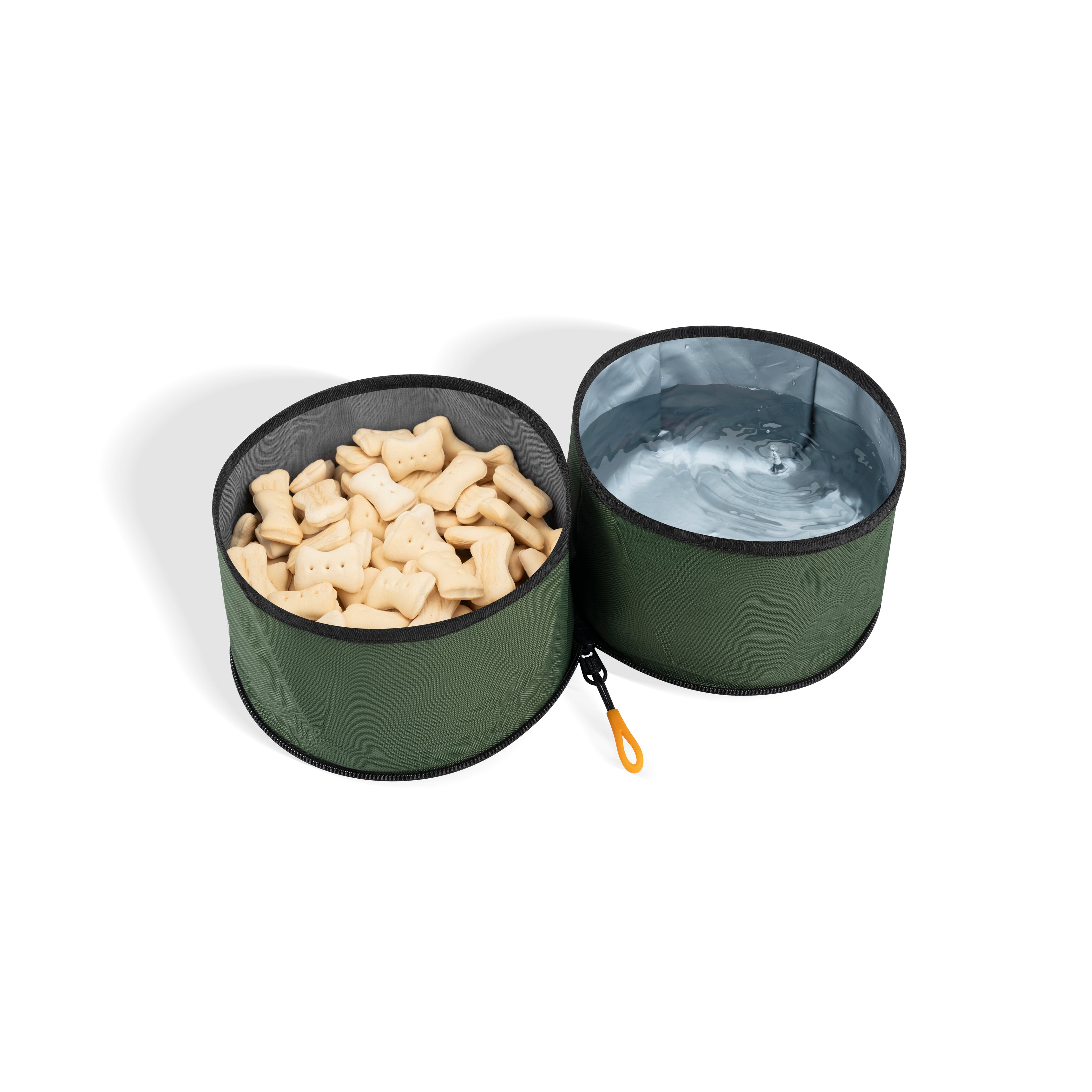 Interior view of the OllyDog Superbowl in Winter Moss color showing dual bowls filled with dog treats and water, made from recycled materials with a zipper and hook for travel #color_winter moss
