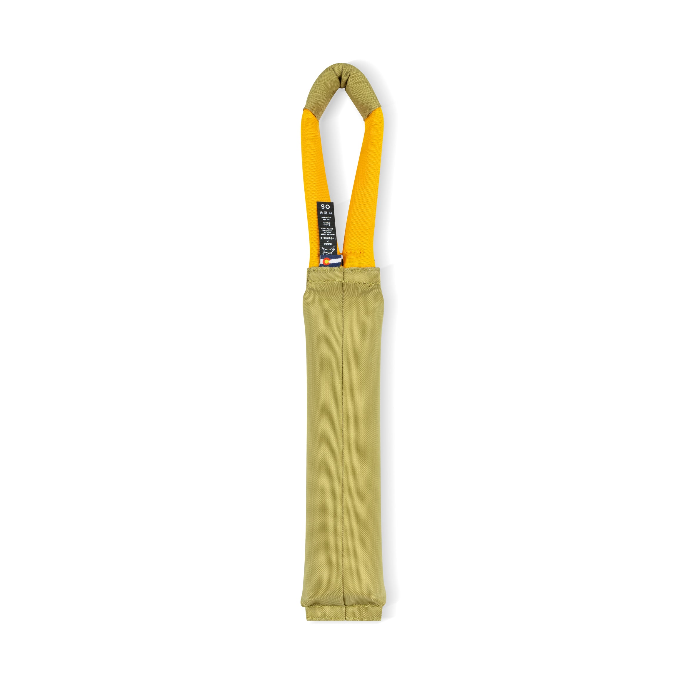 Back view of the OllyDog Tugger Toy in Alchemy color featuring durable recycled fabric and yellow handle for interactive tug play #color_alchemy