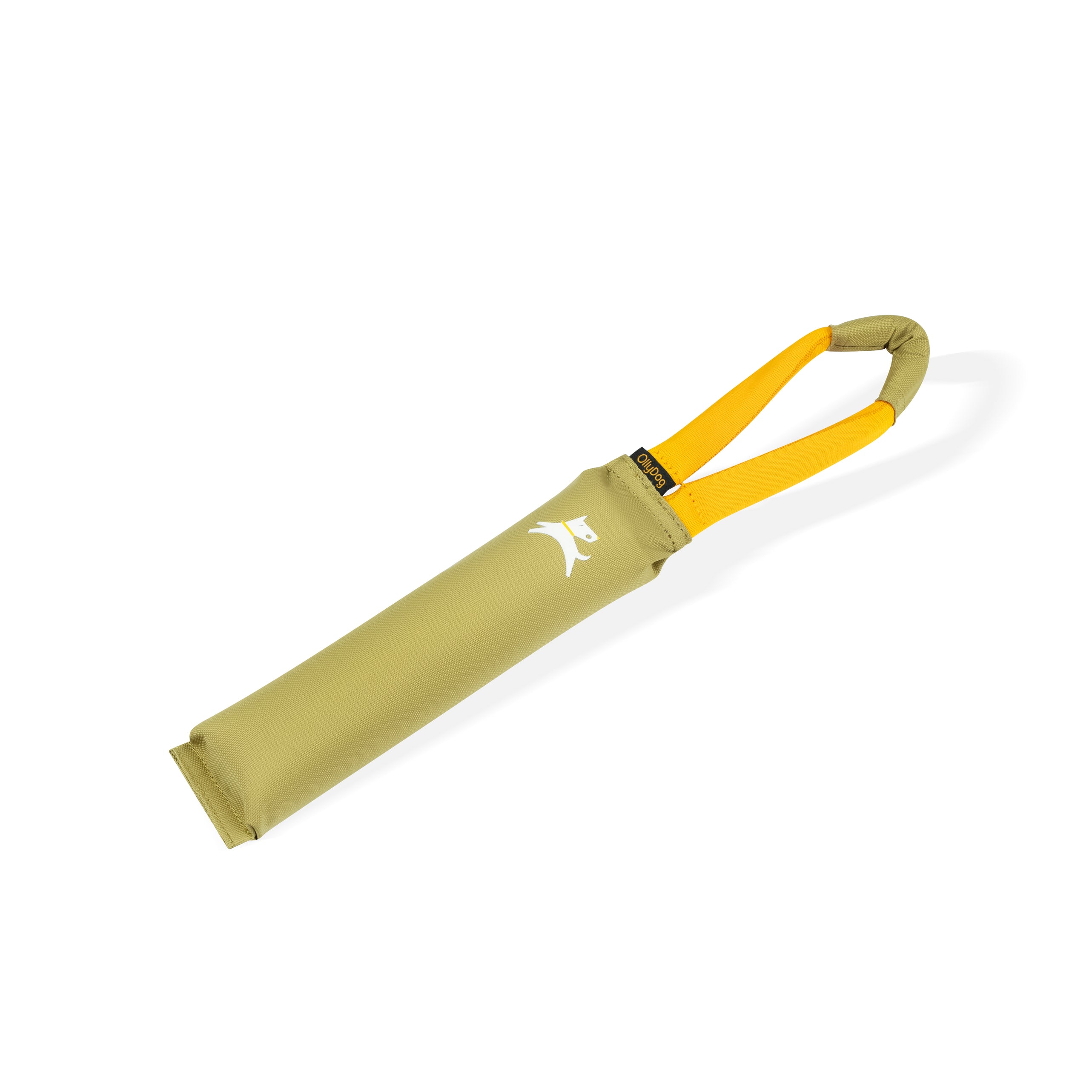 Side view of the OllyDog Tugger Toy in Alchemy color with yellow handle, made from recycled materials for tug, fetch, and chew play #color_alchemy