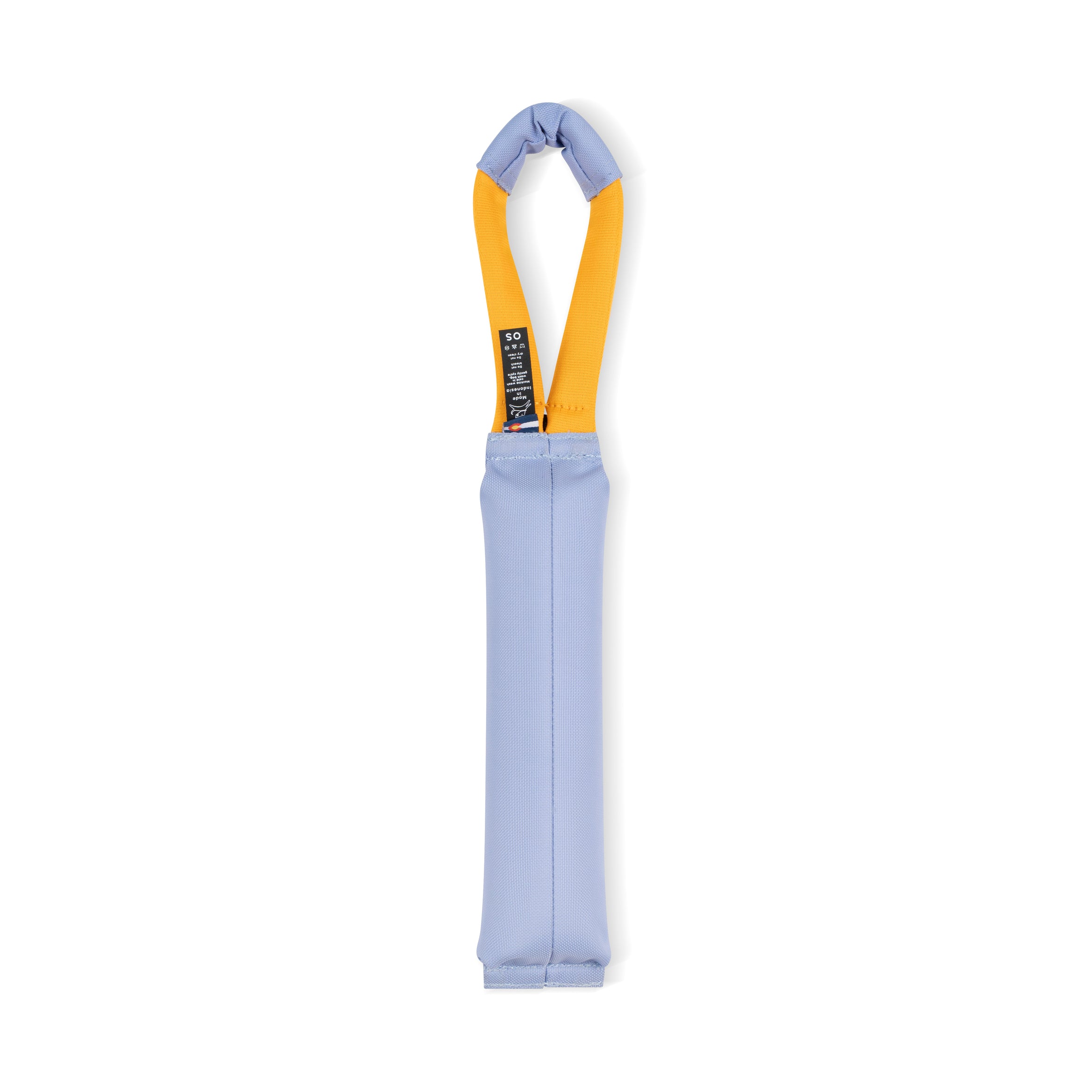 Back view of the OllyDog Tugger Toy in Blue Heron color featuring yellow loop handle and lightweight recycled construction for dog play #color_blue heron
