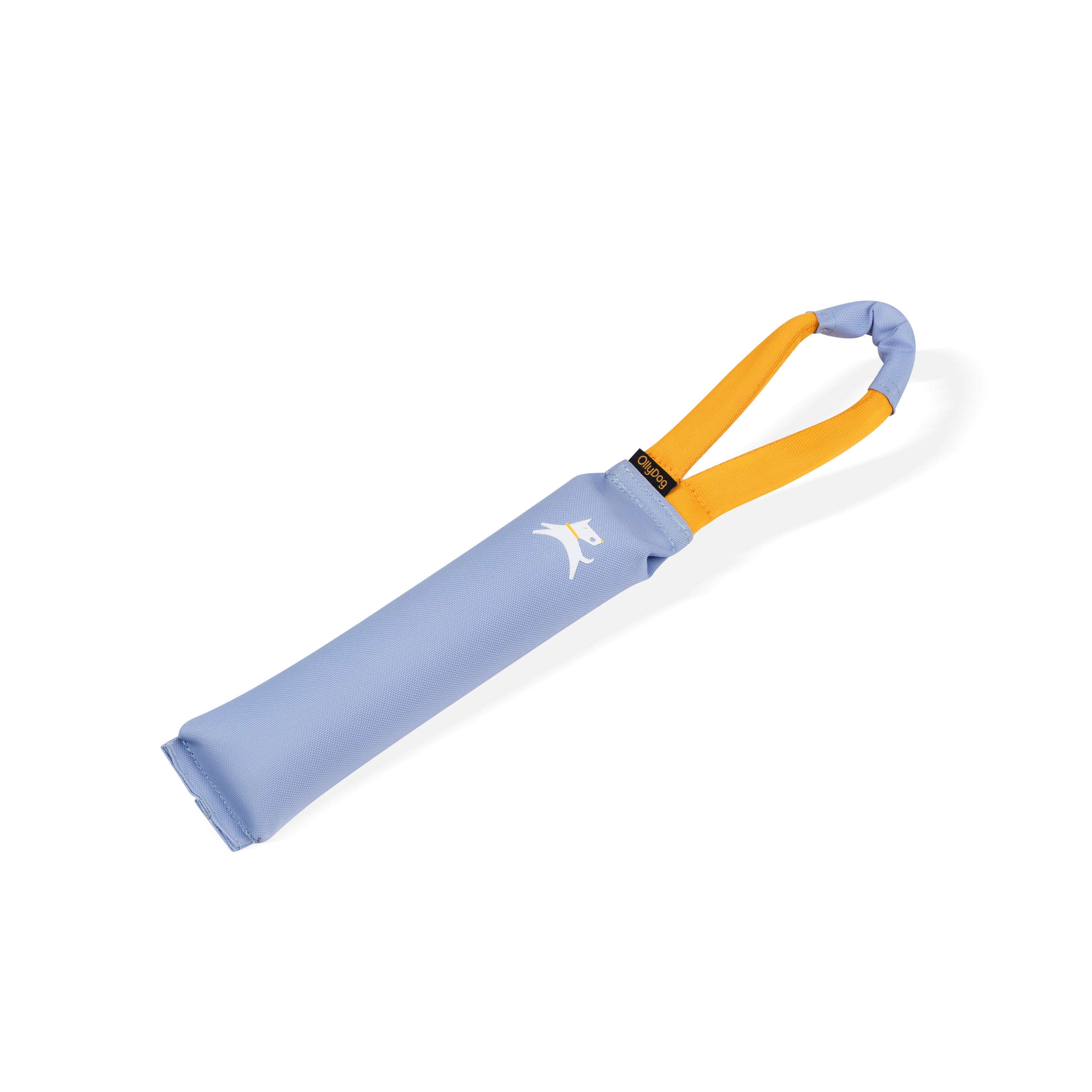 Side view of the OllyDog Tugger Toy in Blue Heron color with yellow handle, made from recycled fabric for interactive dog play #color_blue heron