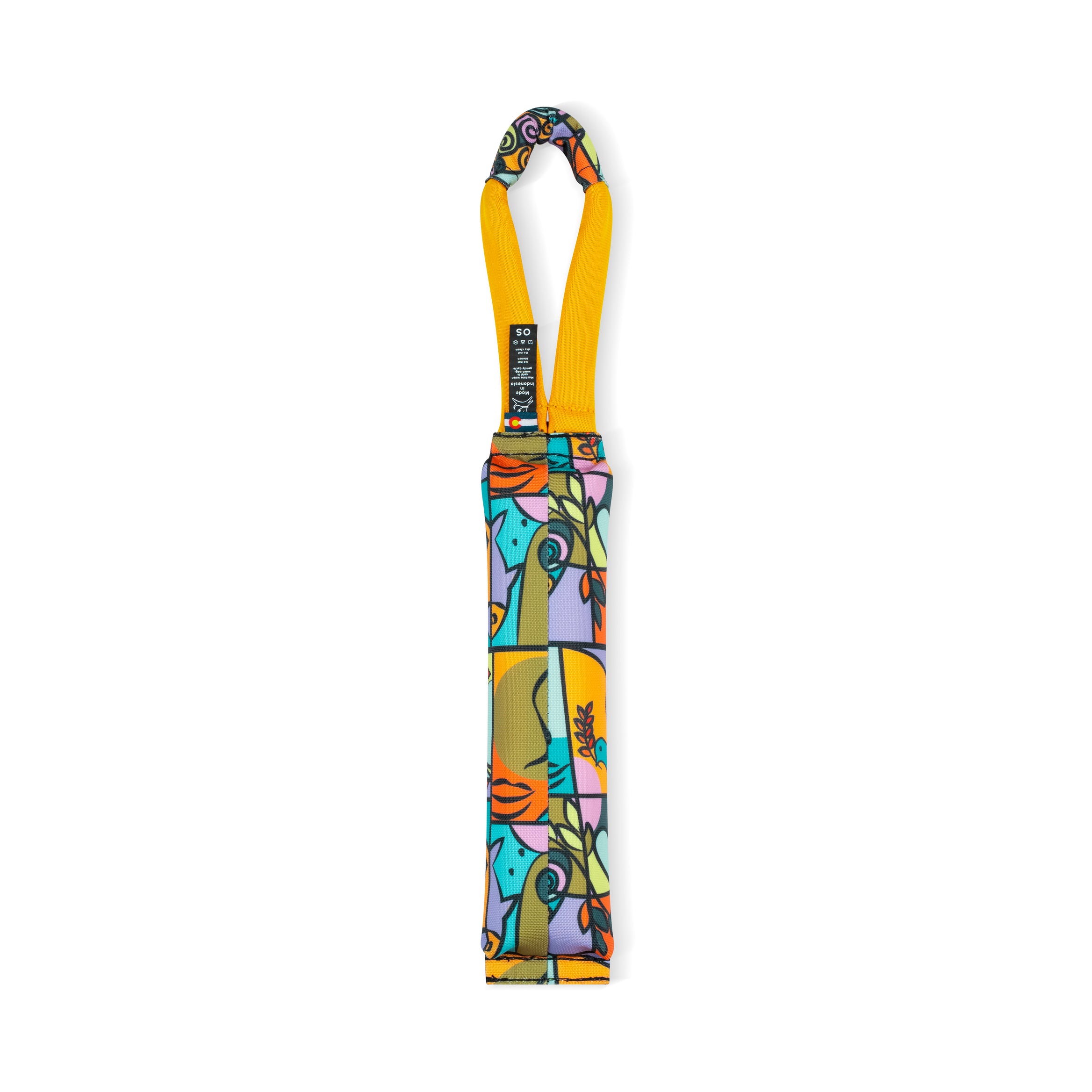 Back view of the OllyDog Tugger Toy in Cloud9 pattern showing colorful recycled fabric and durable yellow handle for dog tug play #color_cloud9