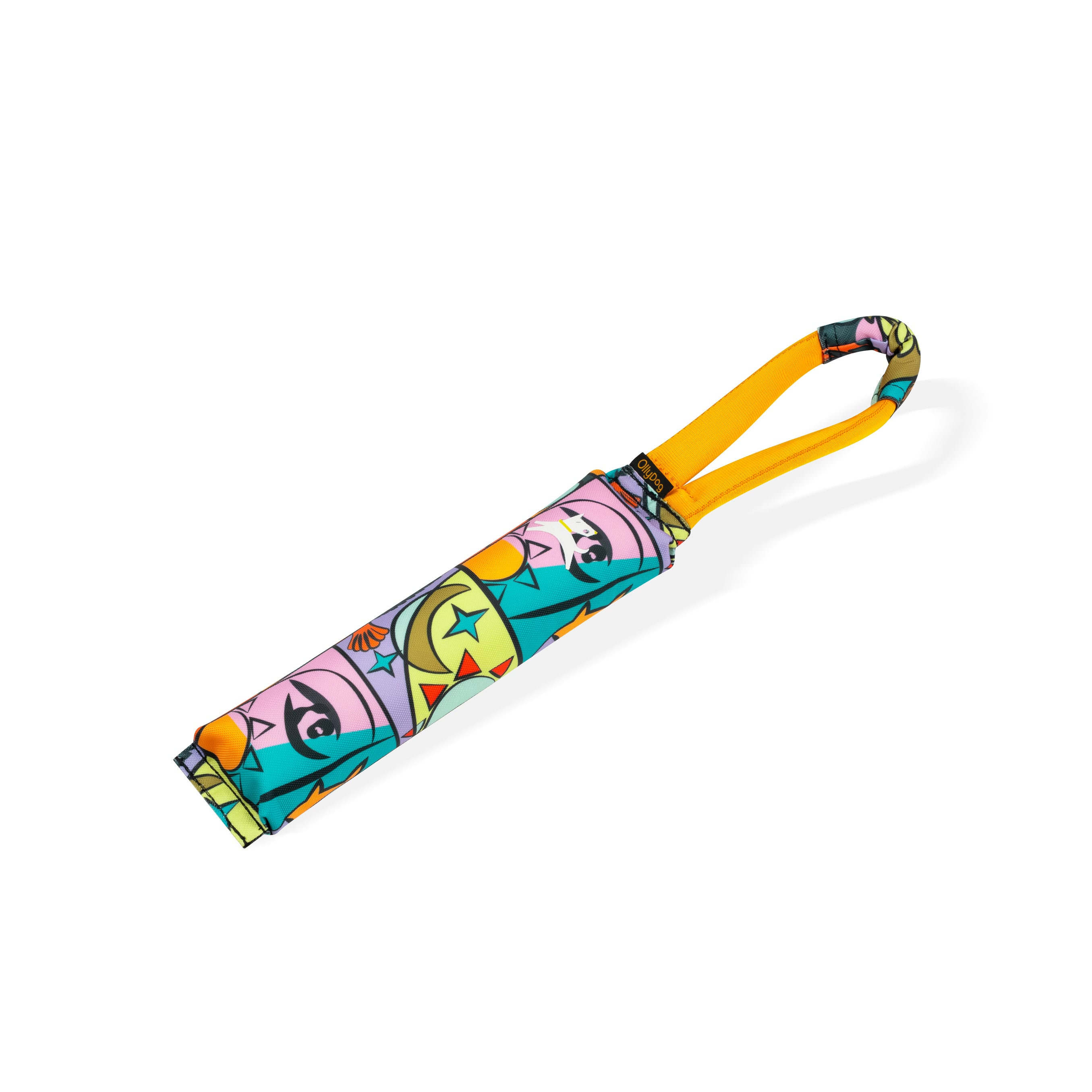 Side view of the OllyDog Tugger Toy in Cloud9 pattern featuring a colorful design with yellow handle, made from recycled materials for tug and fetch play #color_cloud9