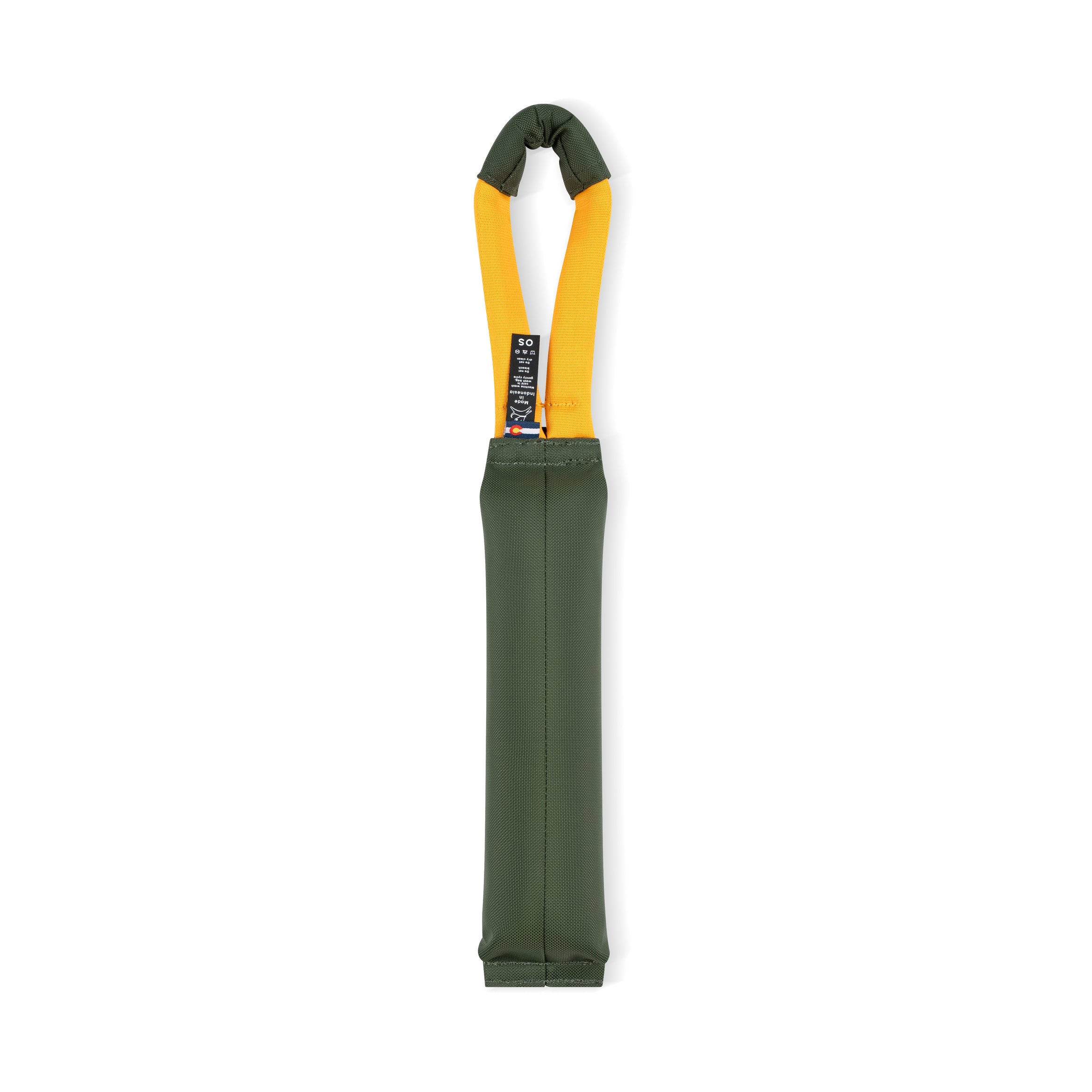 Back view of the OllyDog Tugger Toy in Winter Moss color with yellow handle and durable recycled material for interactive dog play #color_winter moss