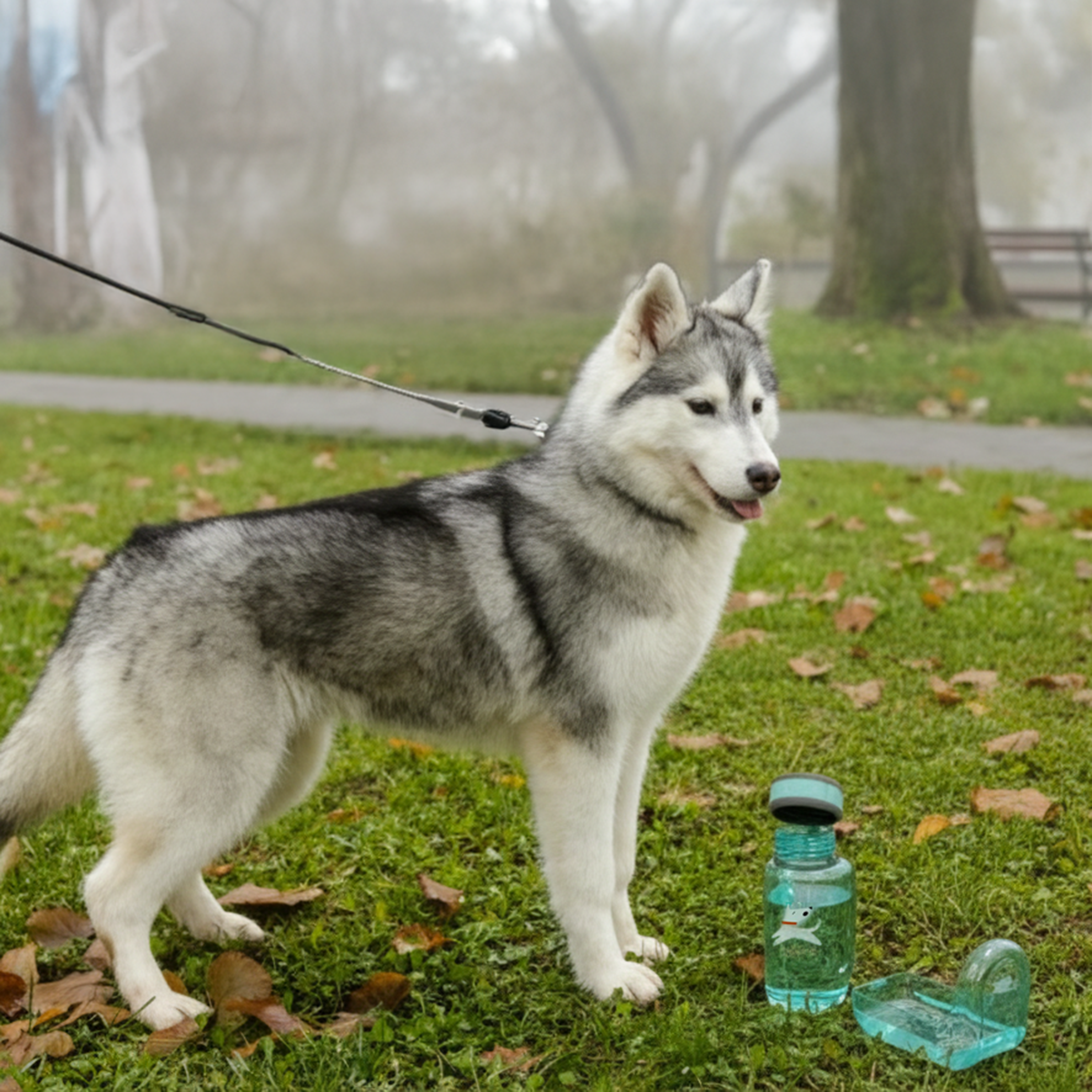 A Siberian Husky standing in a park next to an Aqua Blue OllyBottle and its detached bowl, highlighting the portable and travel-friendly design for active dogs #size_aqua blue / 600ml