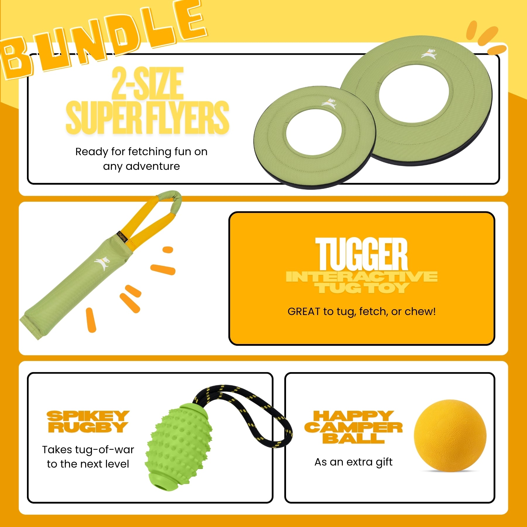 Infographic showing the OllyDog Palm Green toy bundle. Features include 2-size Super Flyer discs for fetching, an interactive Tugger toy for tugging and chewing, a Spikey Rugby toy for tug-of-war, and a free Happy Camper Ball gift #color_palm