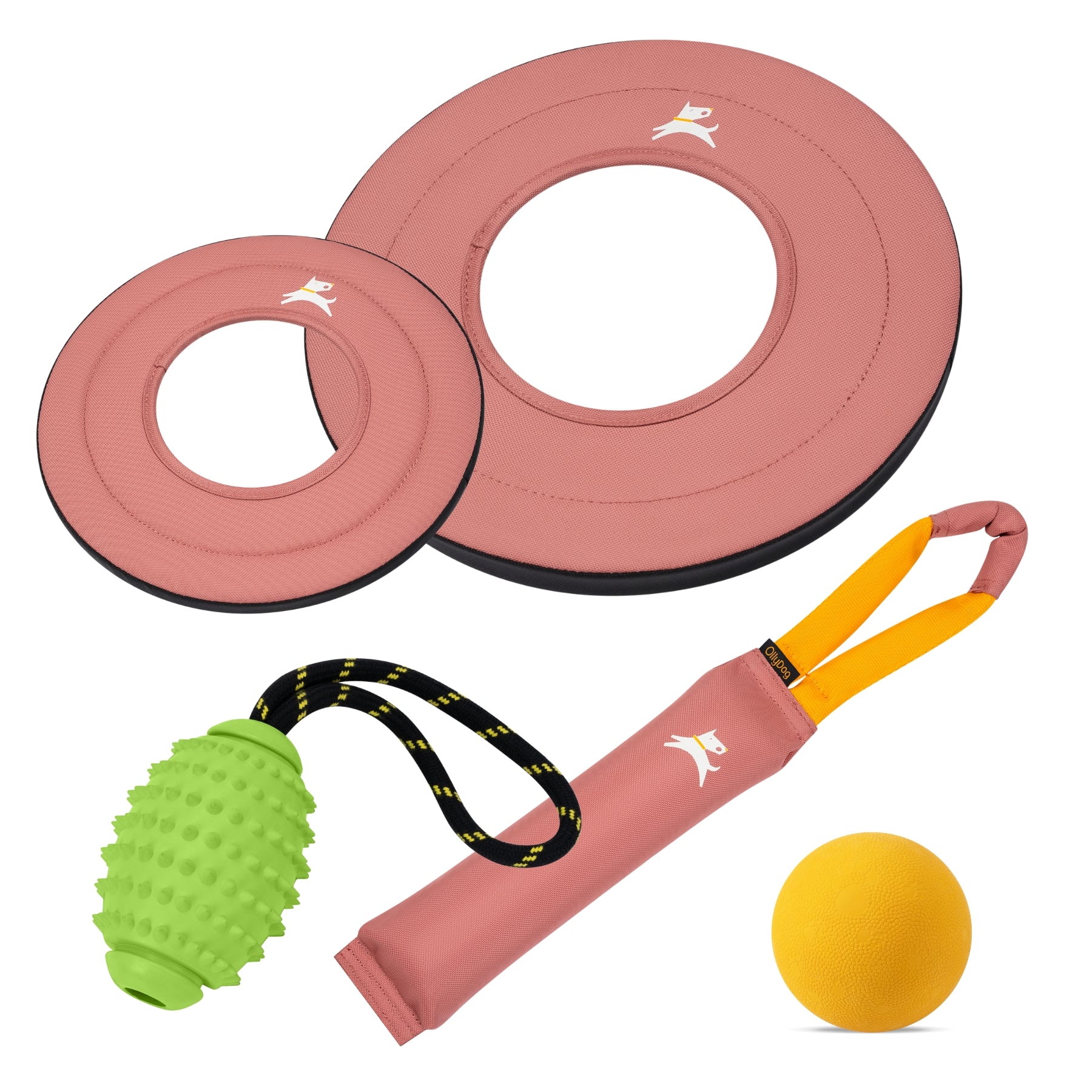 OllyDog Desert rose dog toy collection featuring two circular fabric flyers, a matching canvas tugger with yellow handles, a lime green spikey rugby toy on a rope, and a solid yellow ball #color_desert