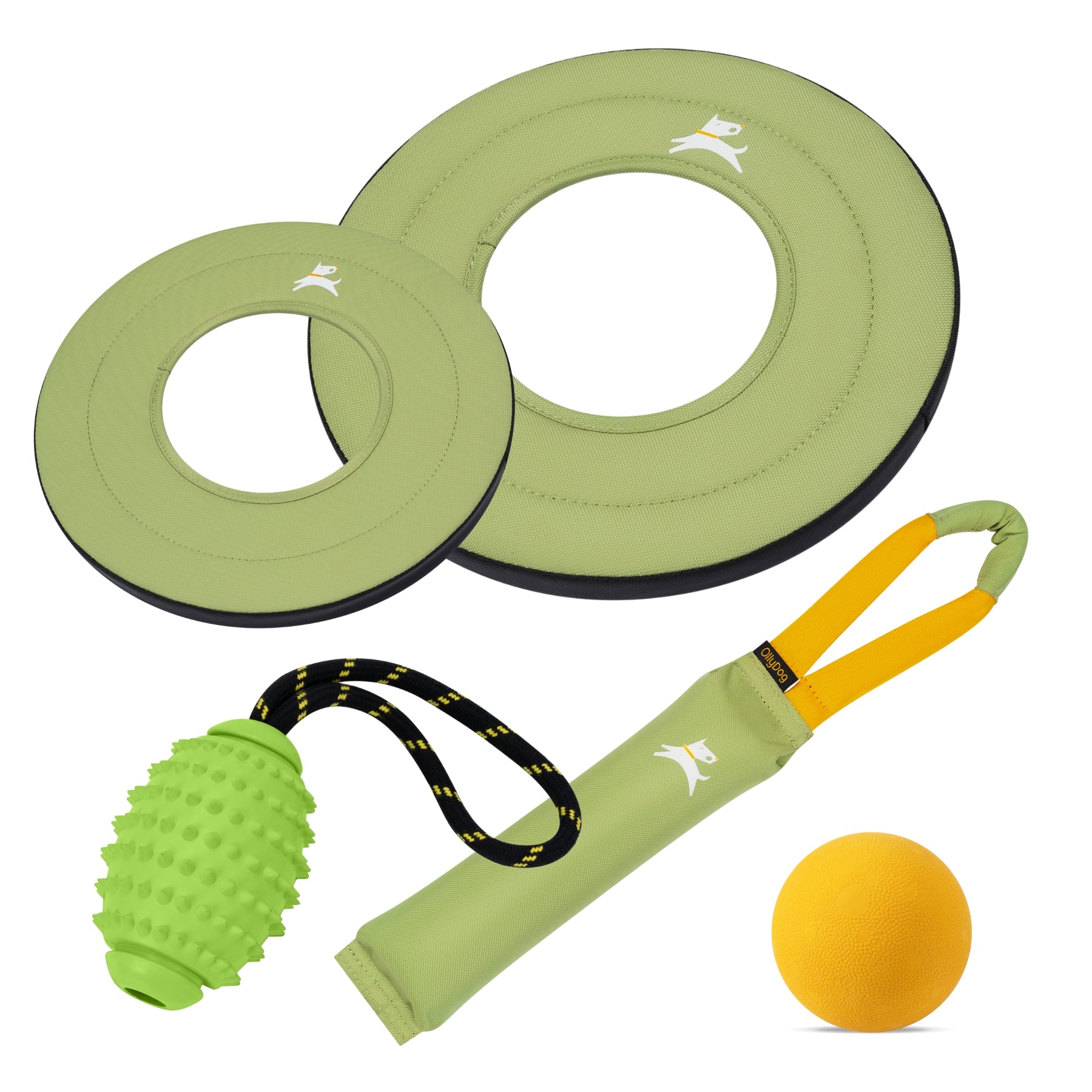 OllyDog palm green dog toy bundle featuring two sizes of fabric flyers, a textured spikey rugby tug toy with rope, a long canvas tugger, and a solid yellow ball #color_palm