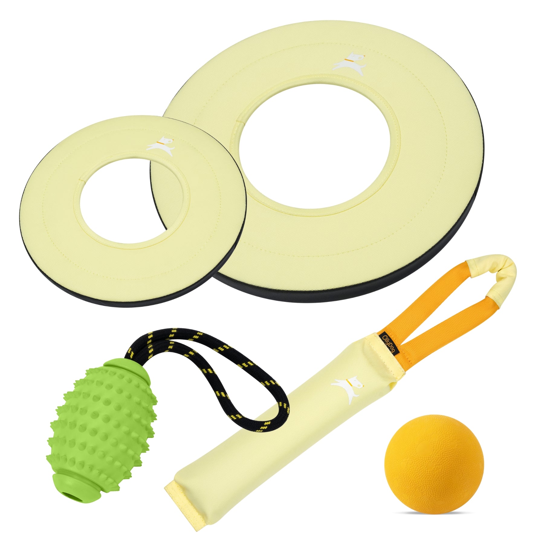 OllyDog Sol yellow dog toy bundle featuring two sizes of fabric flyers, a pale yellow canvas tugger with orange handles, a lime green spikey rugby toy with a rope handle, and a solid yellow ball #color_sol