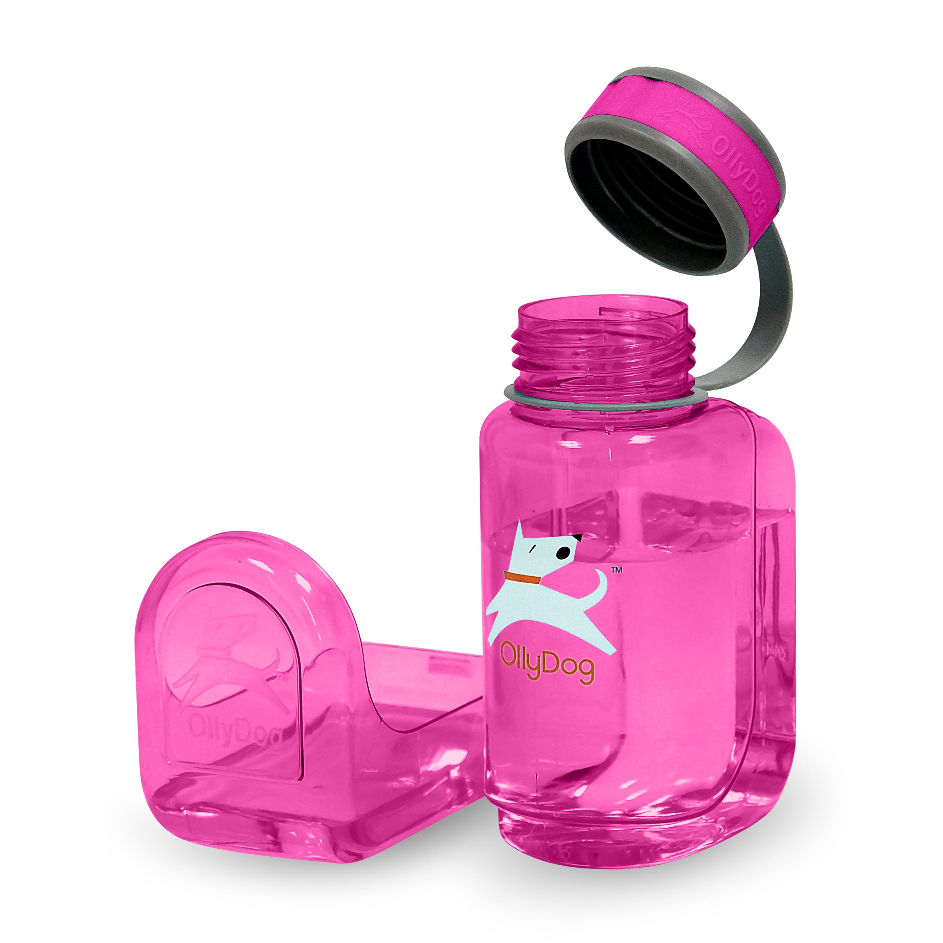Magenta OllyBottle 600ml portable dog water bottle made from BPA-free plastic with a removable bowl for easy outdoor hydration #size_hot pink / 600ml