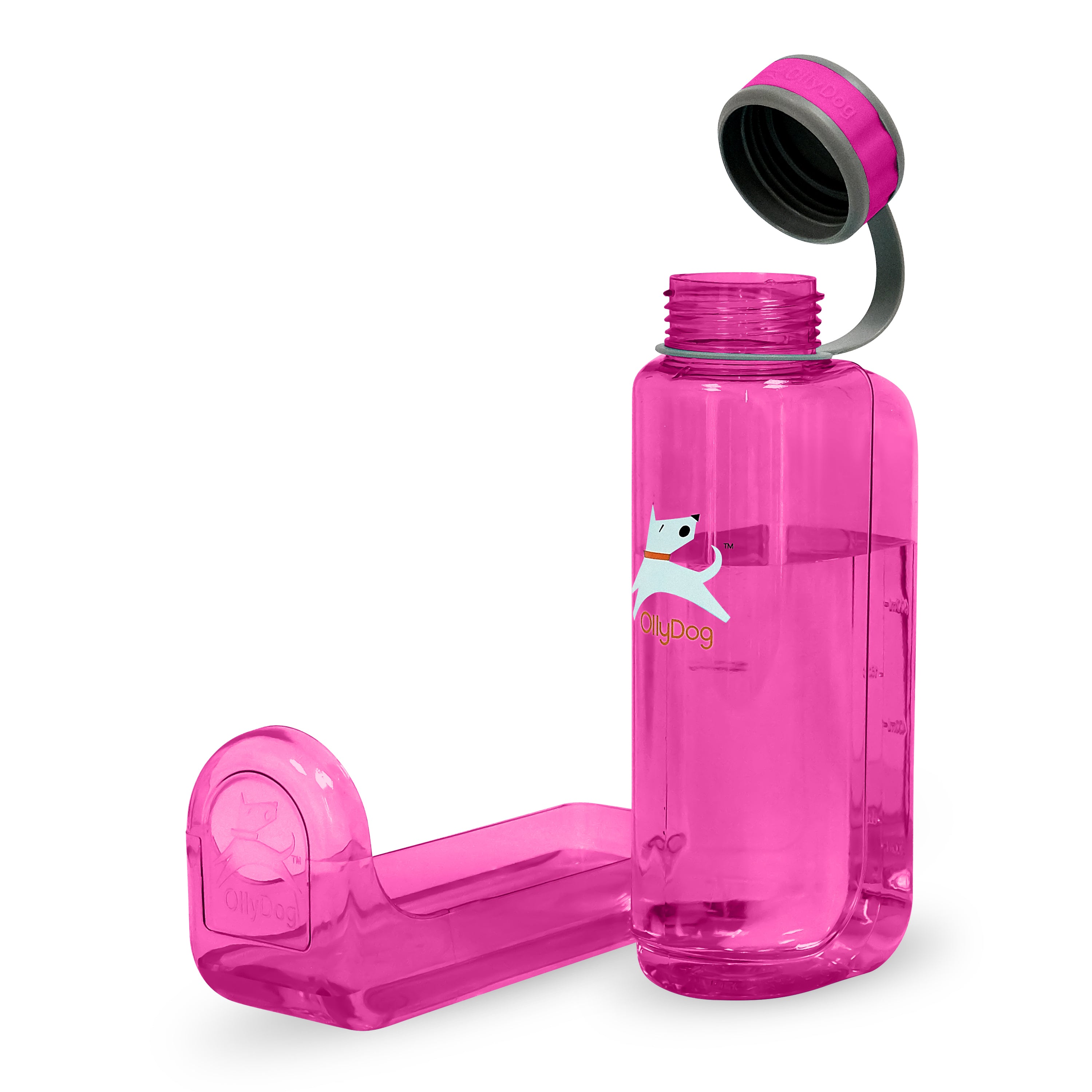 OllyDog OllyBottle in Magenta featuring a 1L BPA-free plastic water bottle with a patented detachable bowl for slobber-free sharing with dogs of all sizes during outdoor travel #size_hot pink / 1l
