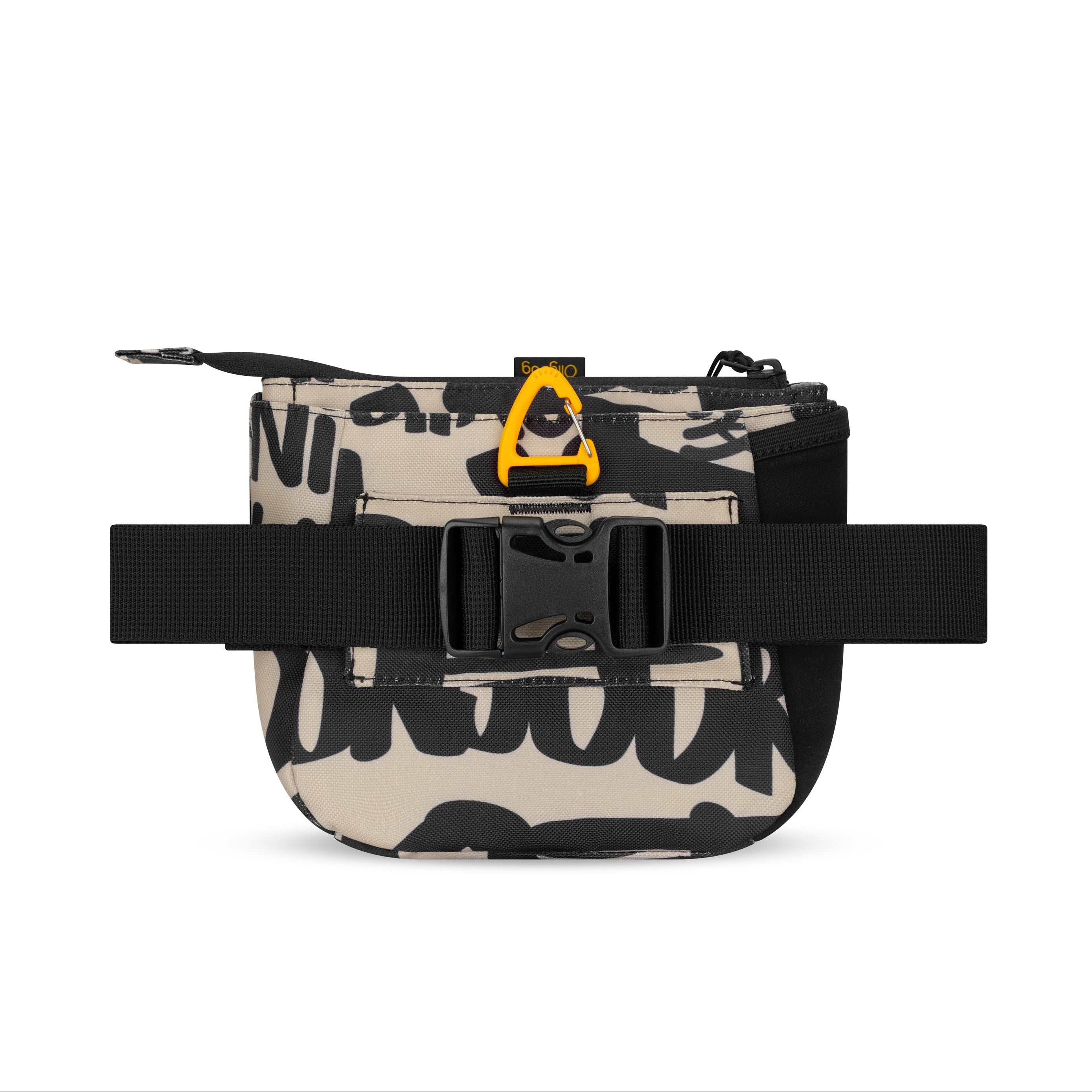 Back view of the OllyDog Backcountry Day Bag in ciao print color showcasing the quick-release buckle and removable waist belt. #color_ciao