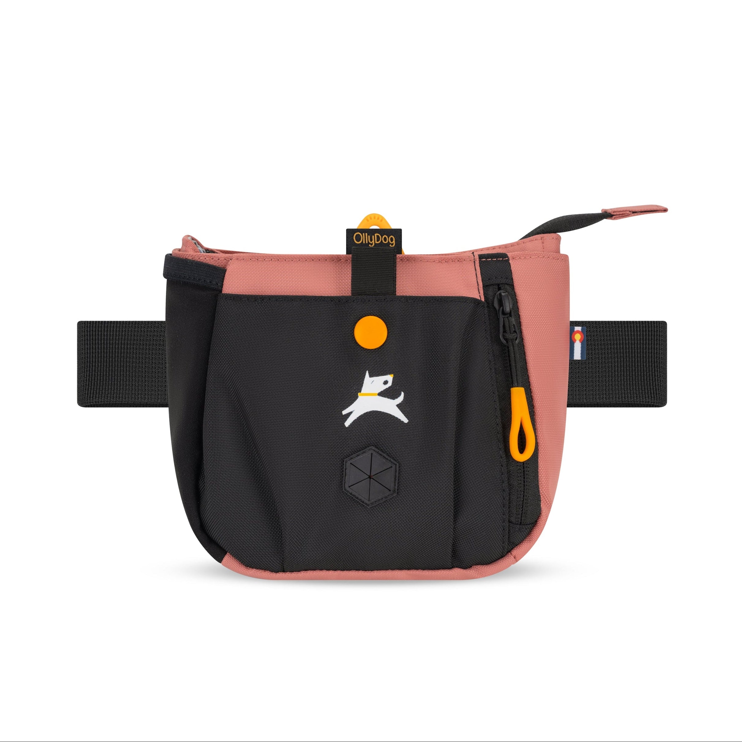 Front view of the OllyDog Backcountry Day Bag in desert color, showcasing the recycled polyester design, zippered pocket for treats, built-in waste bag dispenser, and waist belt. #color_desert